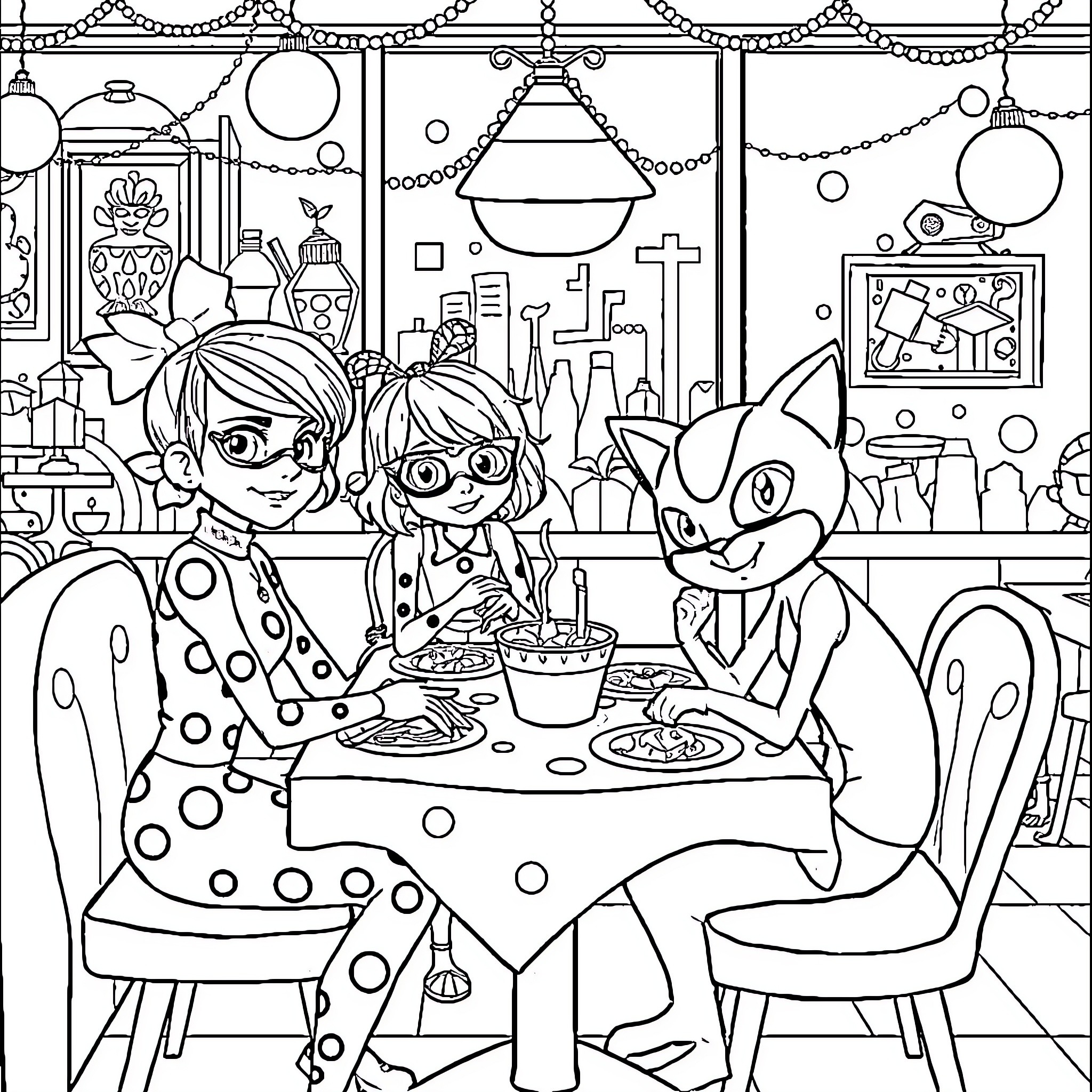 Miraculous Ladybug Enjoying a Festive Meal with Friends Coloring Page (free black-and-white line drawing printable PDF for all, from beginners to advanced learners, including children, teens, adults, and seniors)