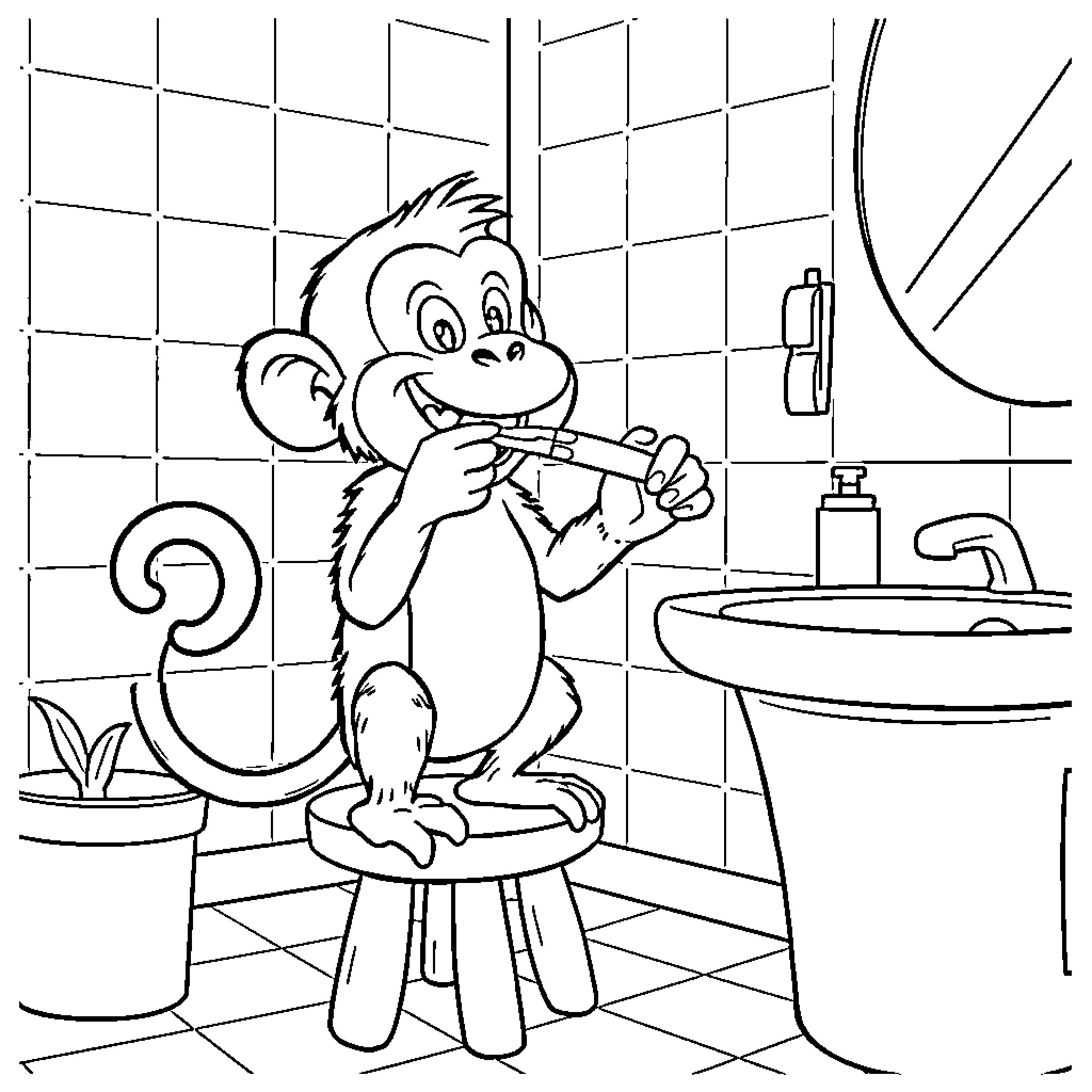 Monkey brushing teeth in the bathroom Coloring Page (free black-and-white line drawing printable PDF for all, from beginners to advanced learners, including children, teens, adults, and seniors)