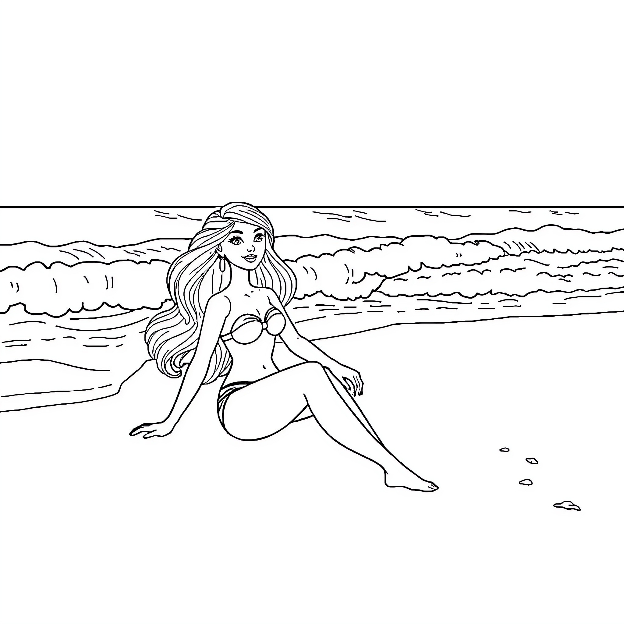Barbie relaxing on the beach Coloring Page (free black-and-white line drawing printable PDF for all, from beginners to advanced learners, including children, teens, adults, and seniors)