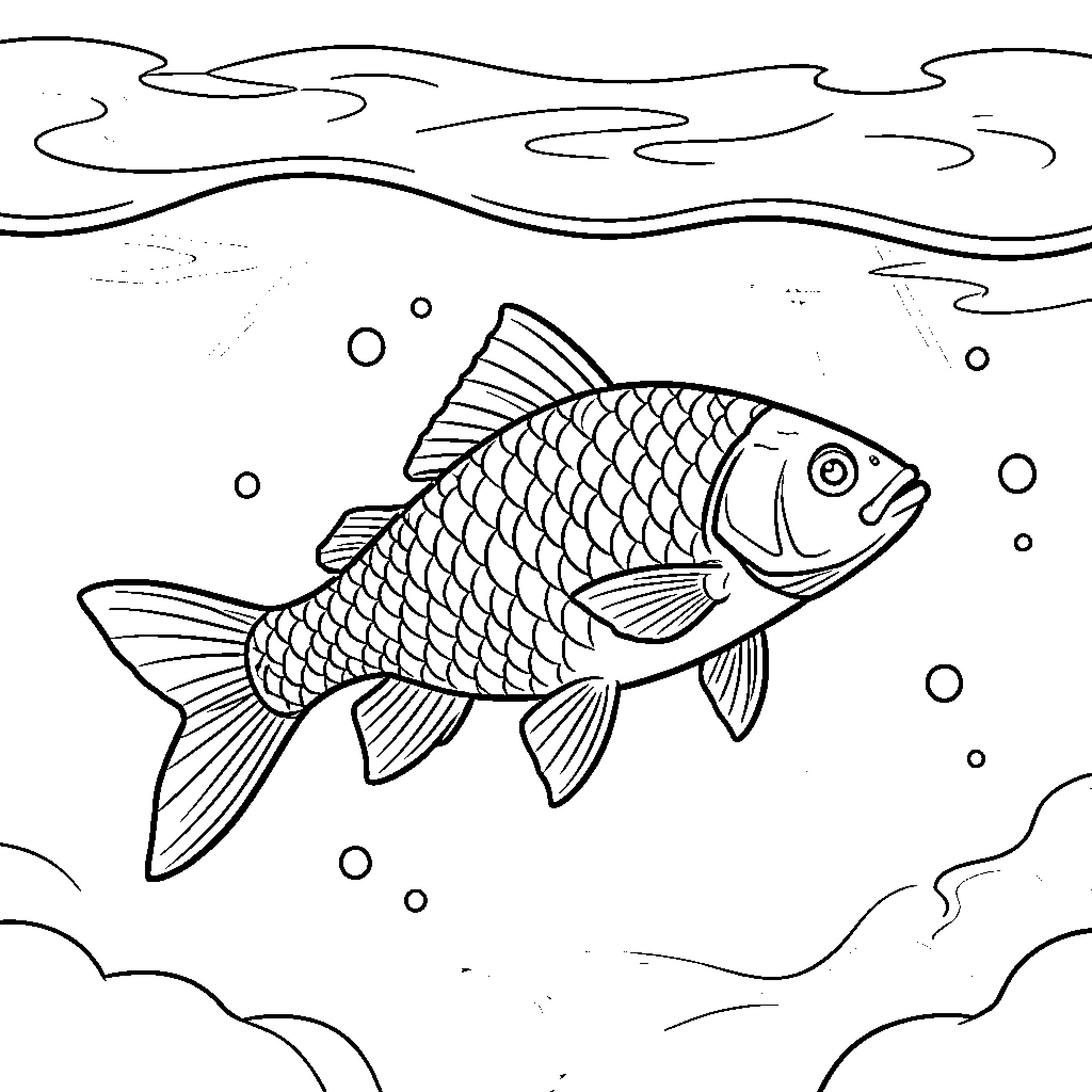 Fish swimming through bubbles in the water Coloring Page (free black-and-white line drawing printable PDF for all, from beginners to advanced learners, including children, teens, adults, and seniors)