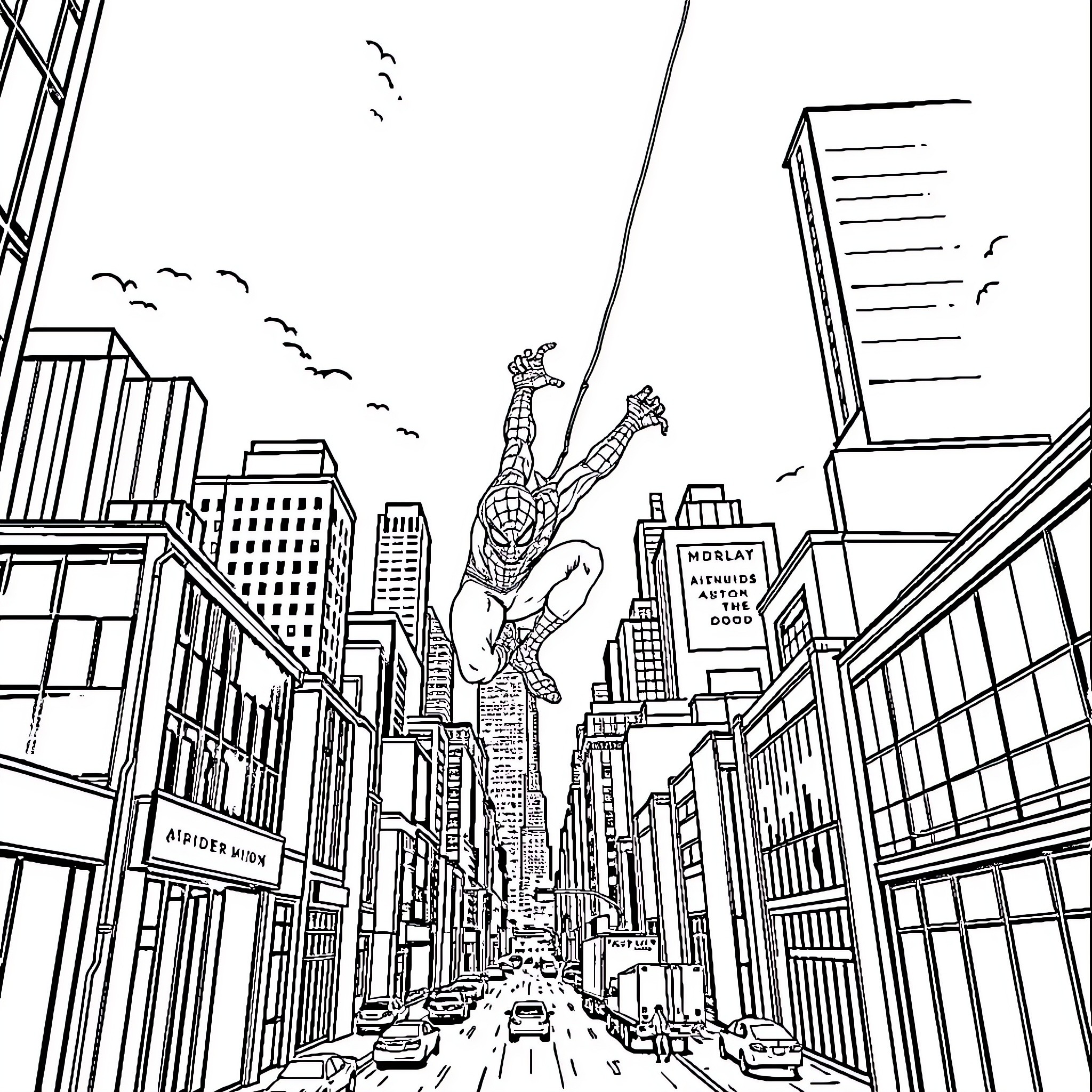 Spiderman swinging through the city skyscrapers Coloring Page (free black-and-white line drawing printable PDF for all, from beginners to advanced learners, including children, teens, adults, and seniors)