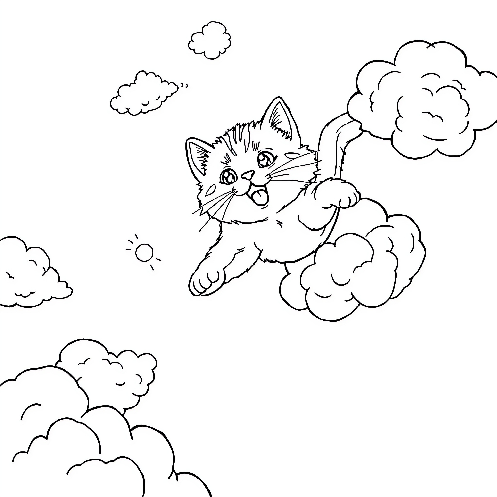 Munchkin Cat playing among the clouds Coloring Page (free black-and-white line drawing printable PDF for all, from beginners to advanced learners, including children, teens, adults, and seniors)