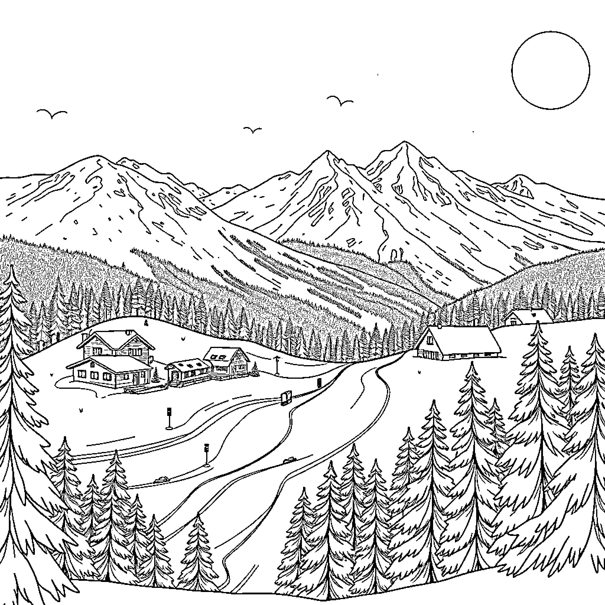Ski Station Scene with Skiers and Mountainous Landscape Coloring Page (free black-and-white line drawing printable PDF for all, from beginners to advanced learners, including children, teens, adults, and seniors)