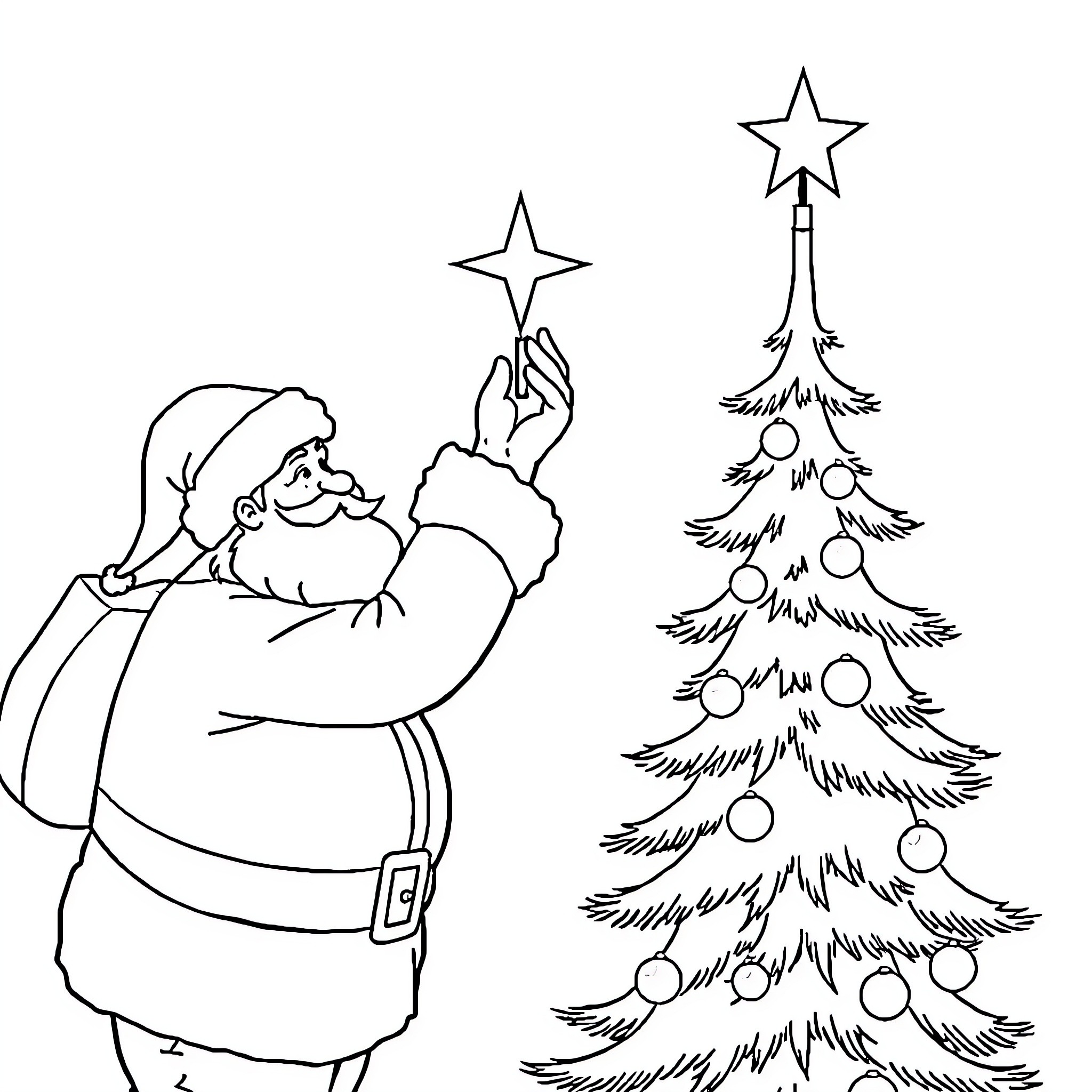 Santa decorating the Christmas tree with stars Coloring Page (free black-and-white line drawing printable PDF for all, from beginners to advanced learners, including children, teens, adults, and seniors)