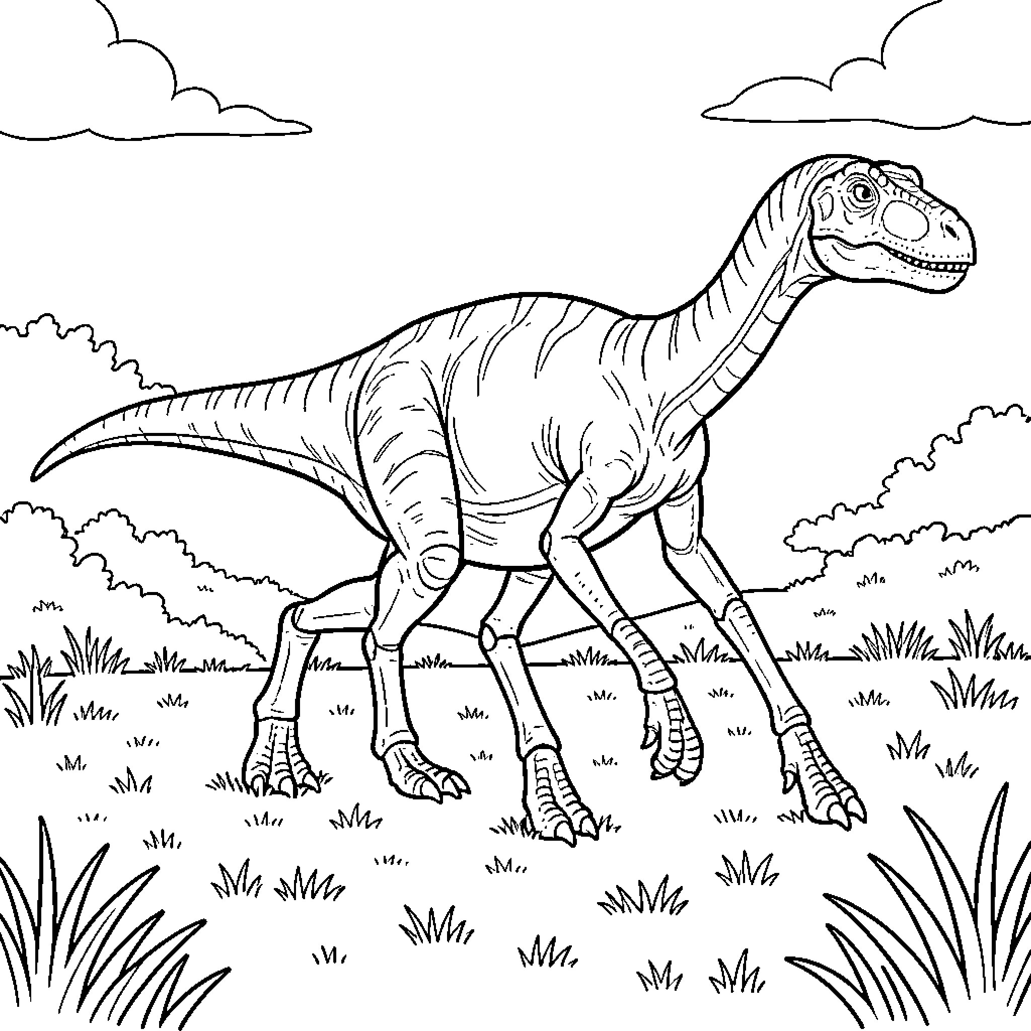 Dinosaur standing in scenic landscape Coloring Page (free black-and-white line drawing printable PDF for all, from beginners to advanced learners, including children, teens, adults, and seniors)