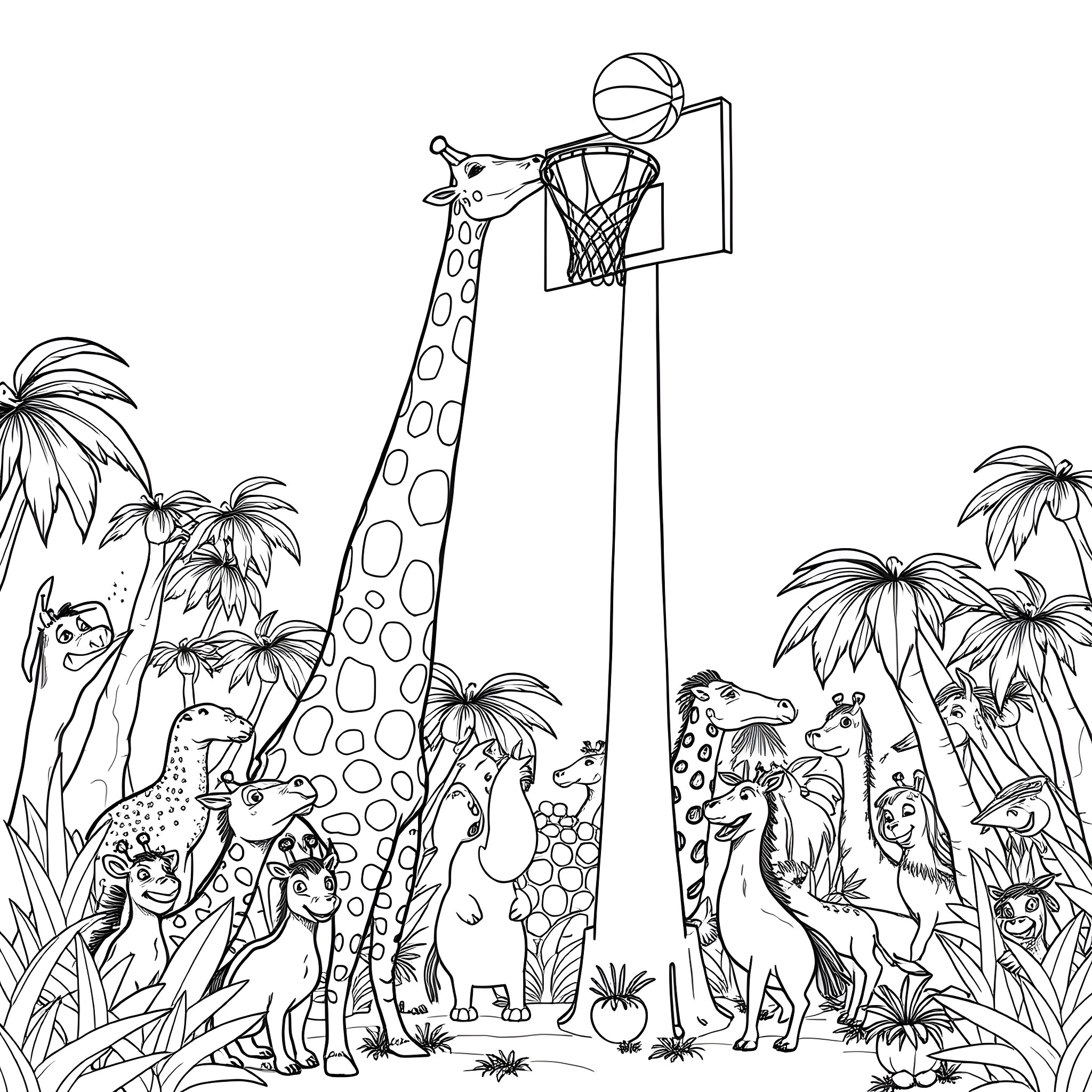 Giraffe playing basketball with animals in jungle scene Coloring Page (free black-and-white line drawing printable PDF for all, from beginners to advanced learners, including children, teens, adults, and seniors)