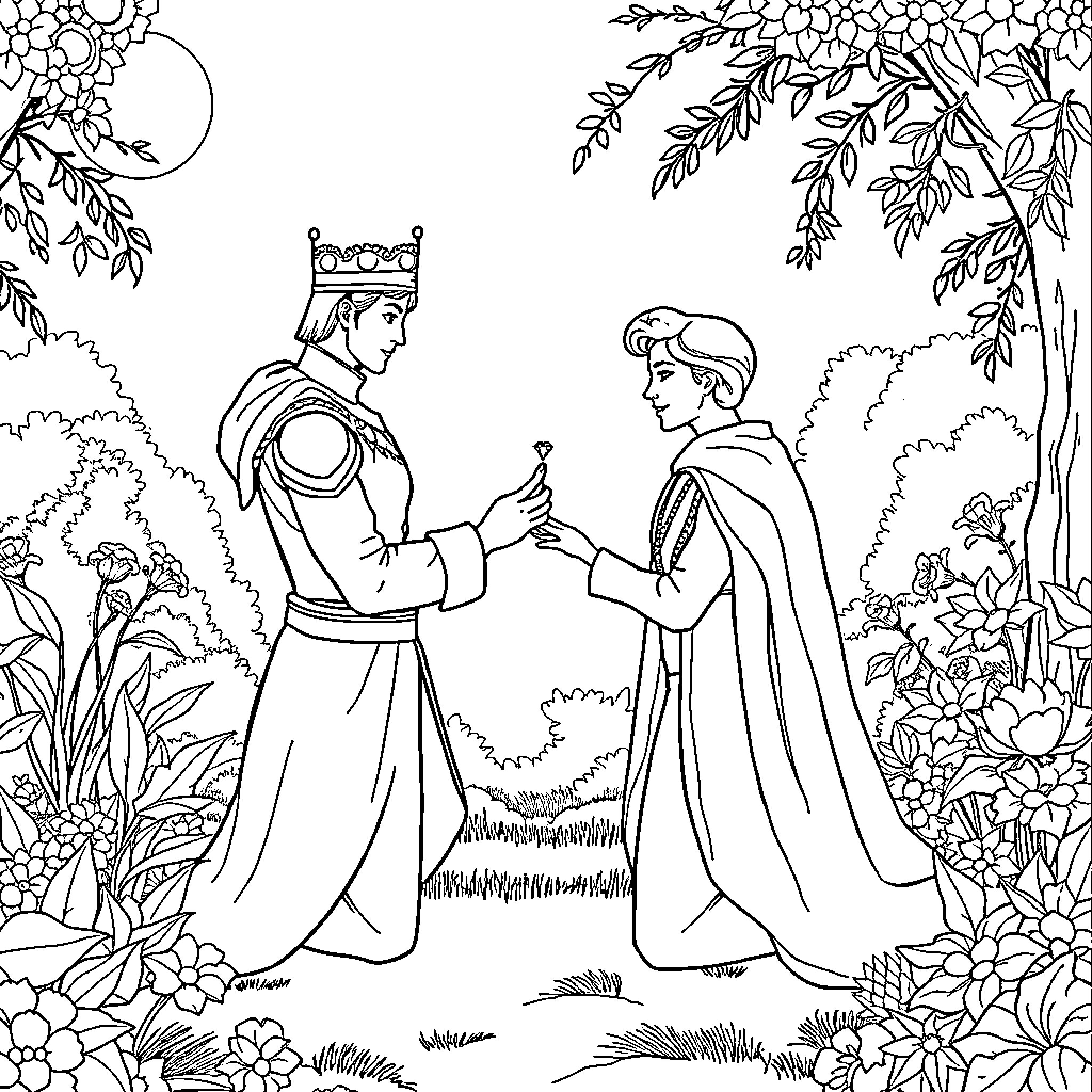 Prince Charming's Royal Encounter in the Enchanted Meadow Coloring Page (free black-and-white line drawing printable PDF for all, from beginners to advanced learners, including children, teens, adults, and seniors)