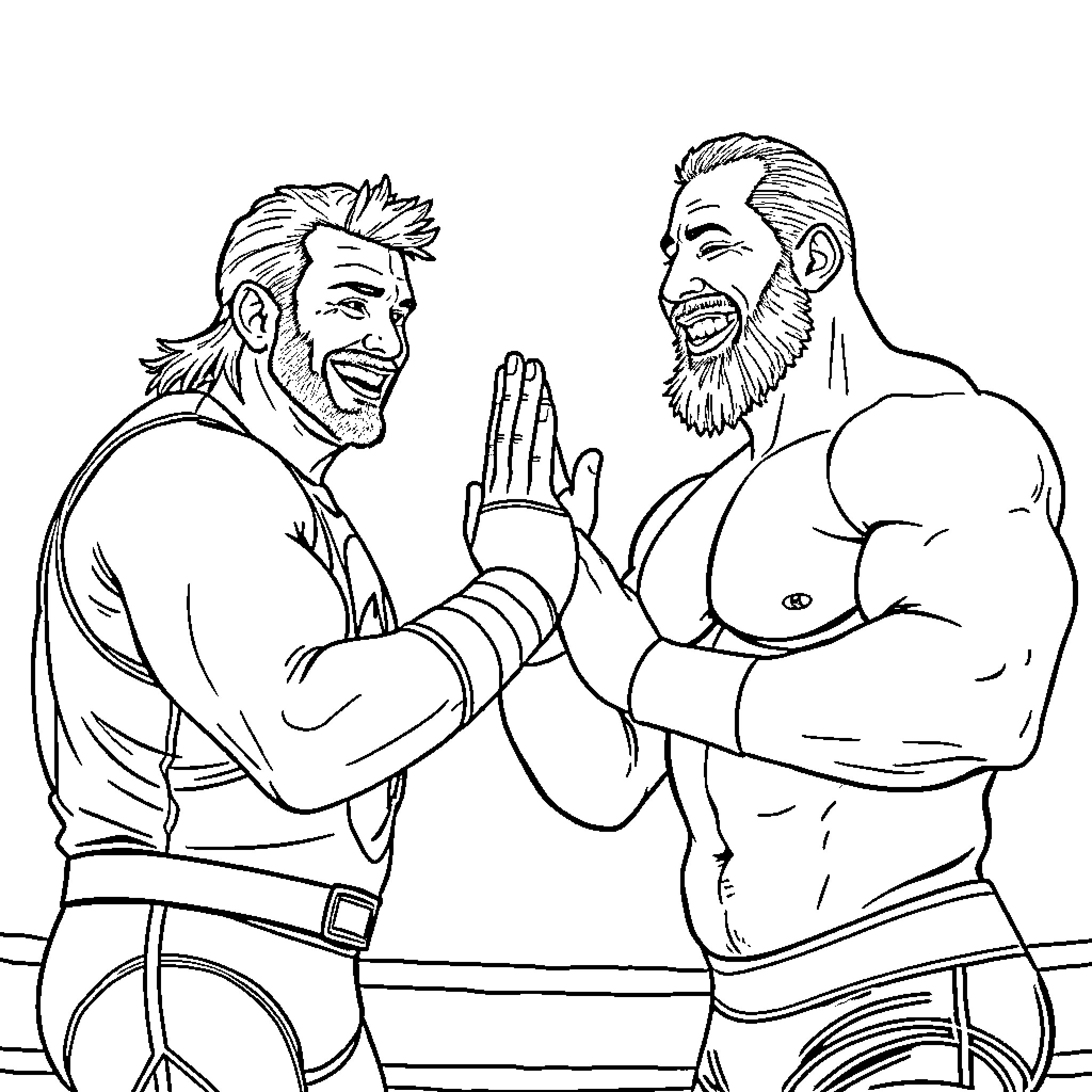 Bret Hart and Shawn Michaels Celebrating Victory in the Ring Coloring Page (free black-and-white line drawing printable PDF for all, from beginners to advanced learners, including children, teens, adults, and seniors)