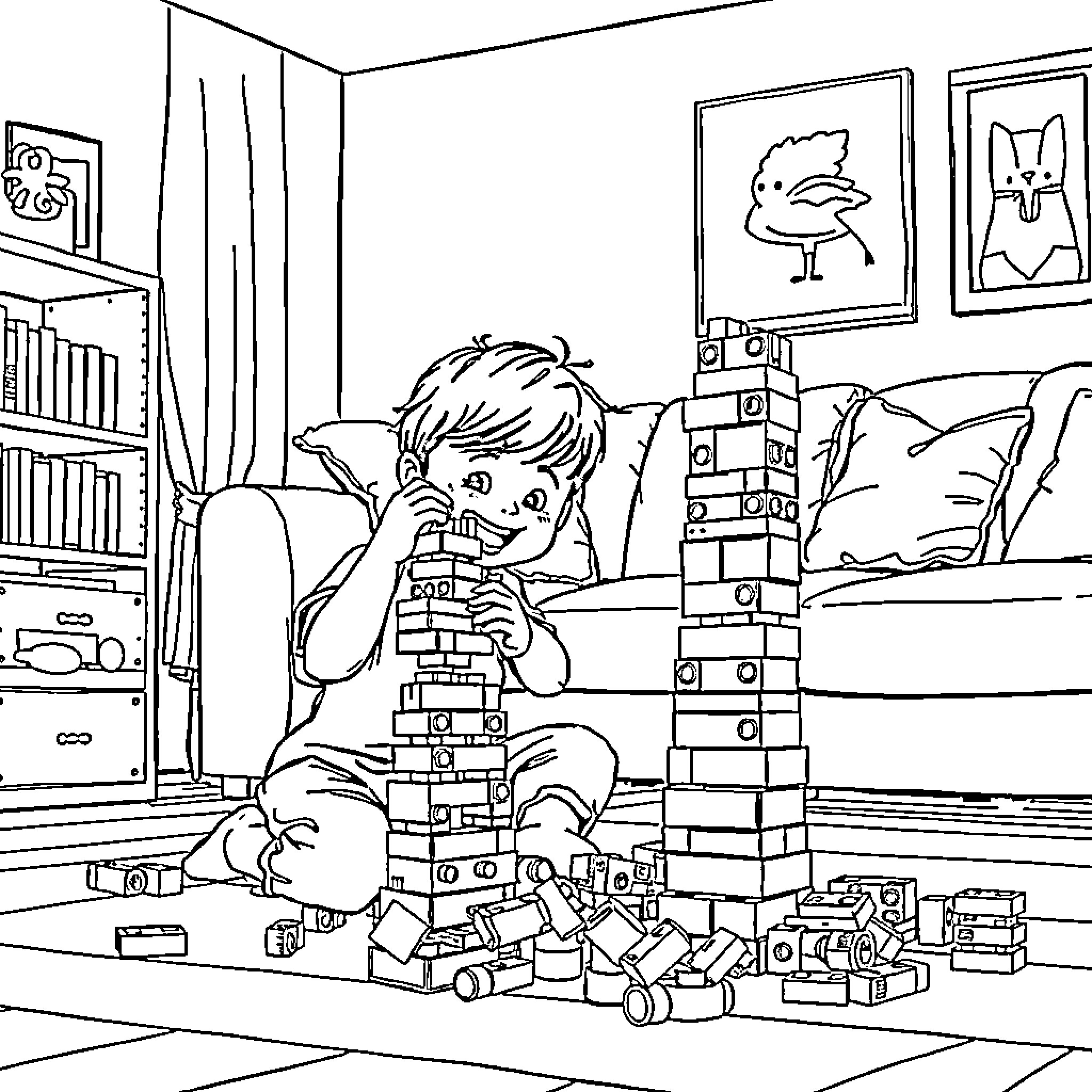 Kid building toy blocks in bedroom Coloring Page (free black-and-white line drawing printable PDF for all, from beginners to advanced learners, including children, teens, adults, and seniors)
