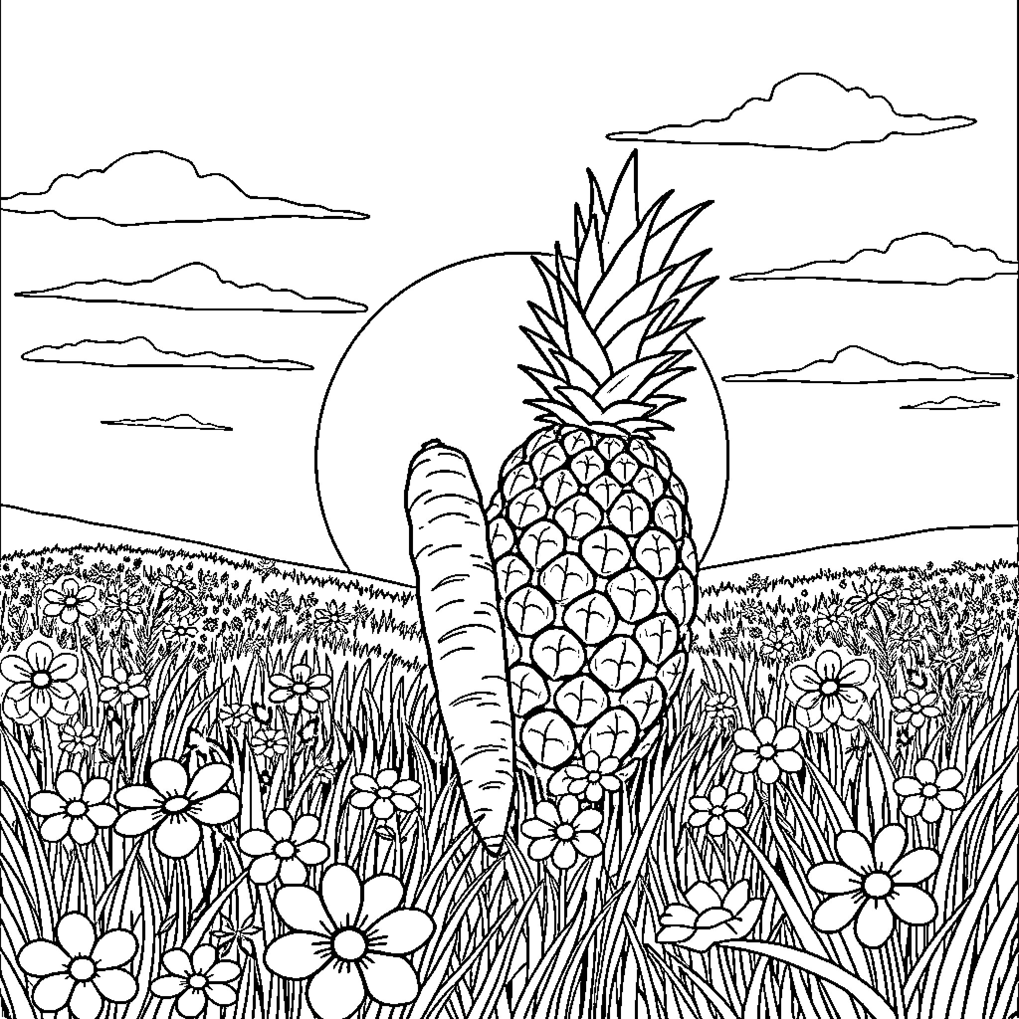 Carrot-shaped Pineapple in Floral Meadow Coloring Page (free black-and-white line drawing printable PDF for all, from beginners to advanced learners, including children, teens, adults, and seniors)