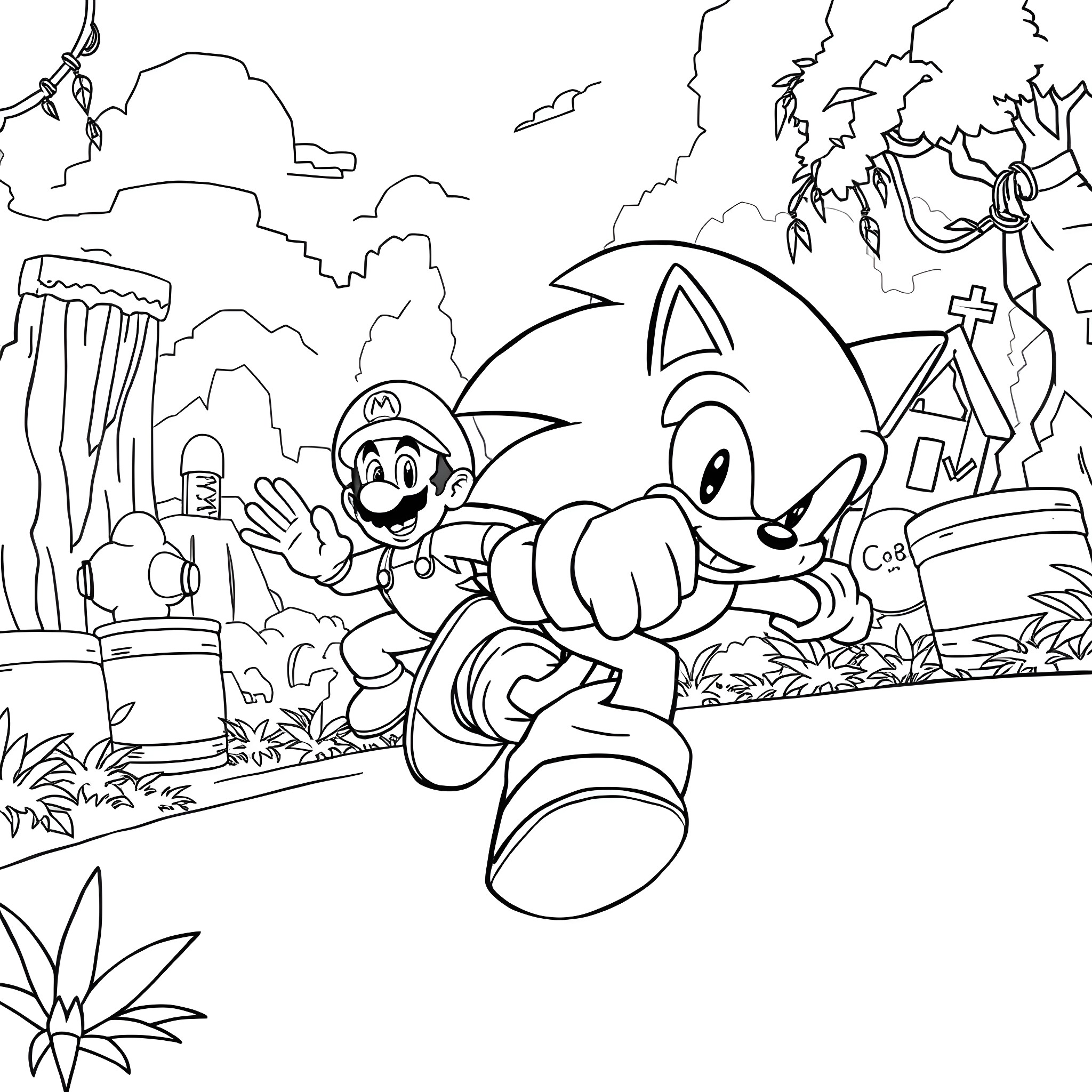 Sonic and Friends Embark on an Adventure Coloring Page (free black-and-white line drawing printable PDF for all, from beginners to advanced learners, including children, teens, adults, and seniors)