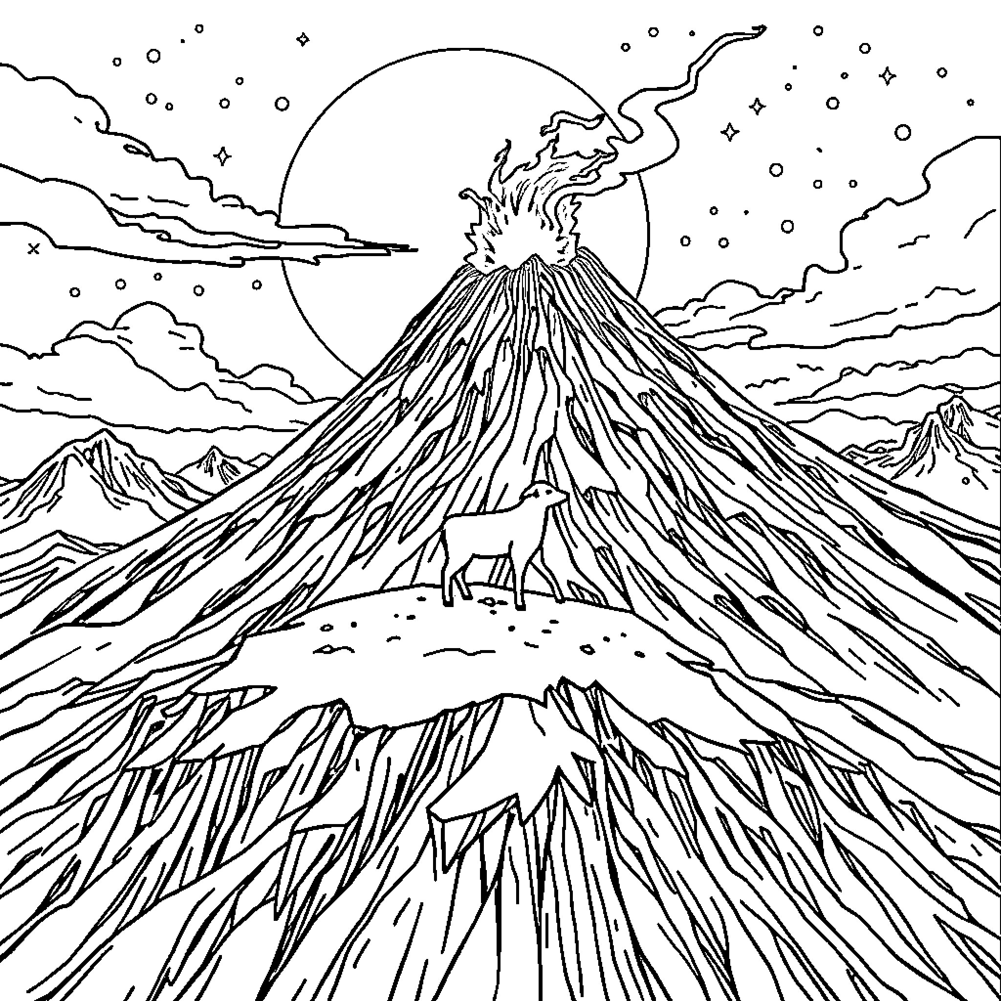 Queen Volcano's Majestic Eruption Coloring Page (free black-and-white line drawing printable PDF for all, from beginners to advanced learners, including children, teens, adults, and seniors)