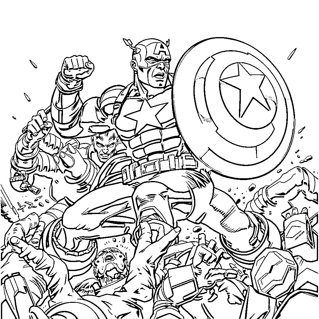 Captain America Battling Enemies in Action-Packed Scene Coloring Page (free black-and-white line drawing printable PDF for all, from beginners to advanced learners, including children, teens, adults, and seniors)
