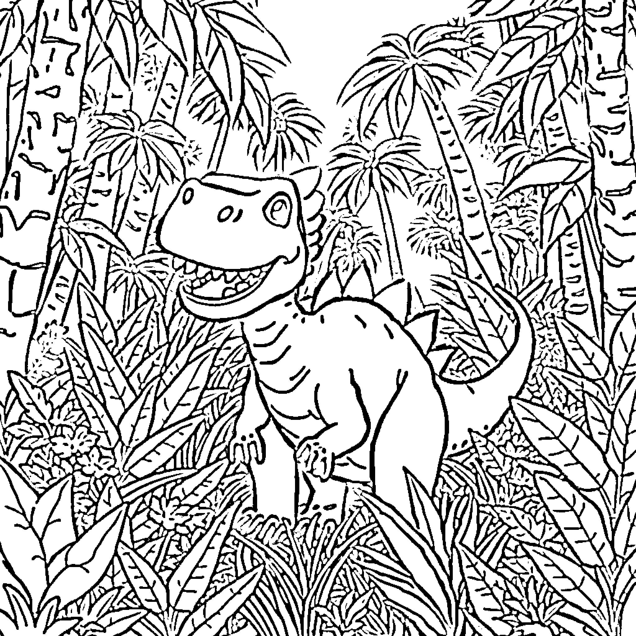 Dinosaur Exploring the Lush Jungle Landscape Coloring Page (free black-and-white line drawing printable PDF for all, from beginners to advanced learners, including children, teens, adults, and seniors)