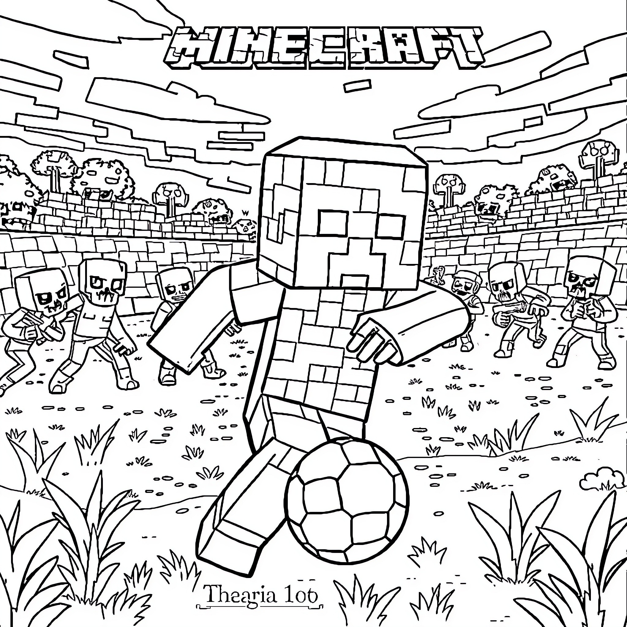 Creeper Plays Soccer with Minecraft Characters Coloring Page (free black-and-white line drawing printable PDF for all, from beginners to advanced learners, including children, teens, adults, and seniors)