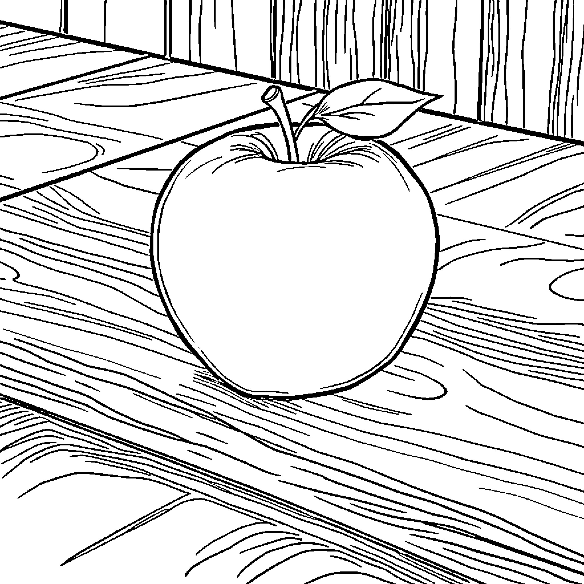 Apple on Wooden Table Coloring Page (free black-and-white line drawing printable PDF for all, from beginners to advanced learners, including children, teens, adults, and seniors)