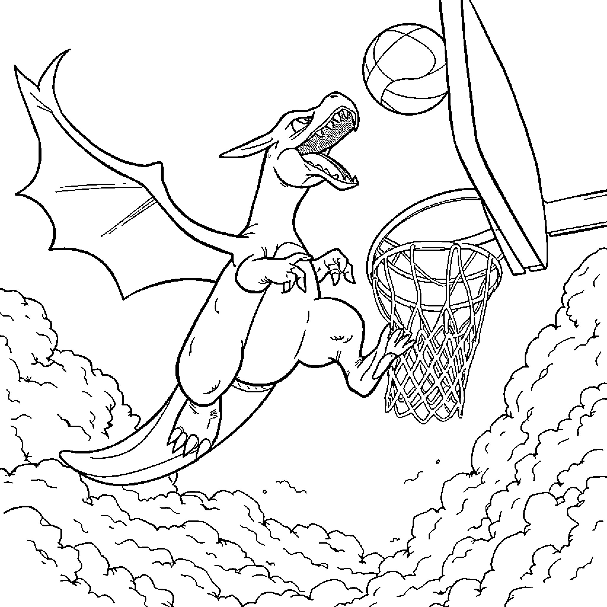 Charzar dragon playing basketball in the clouds Coloring Page (free black-and-white line drawing printable PDF for all, from beginners to advanced learners, including children, teens, adults, and seniors)