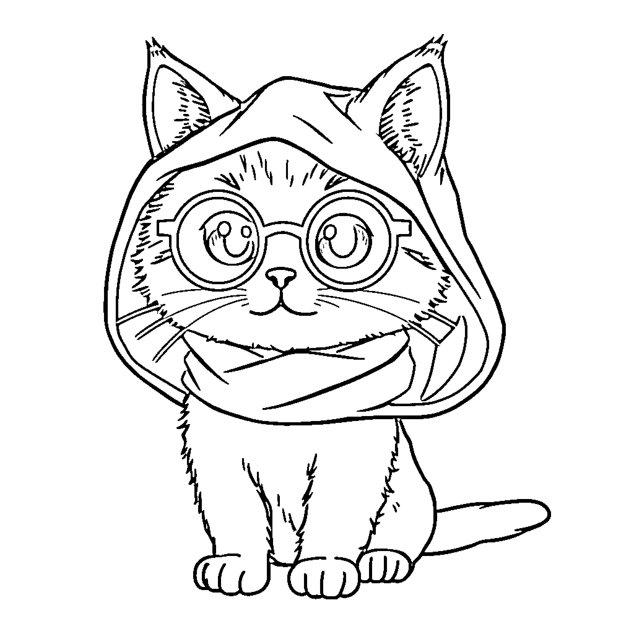 Cat wearing glasses and looking curious Coloring Page (free black-and-white line drawing printable PDF for all, from beginners to advanced learners, including children, teens, adults, and seniors)