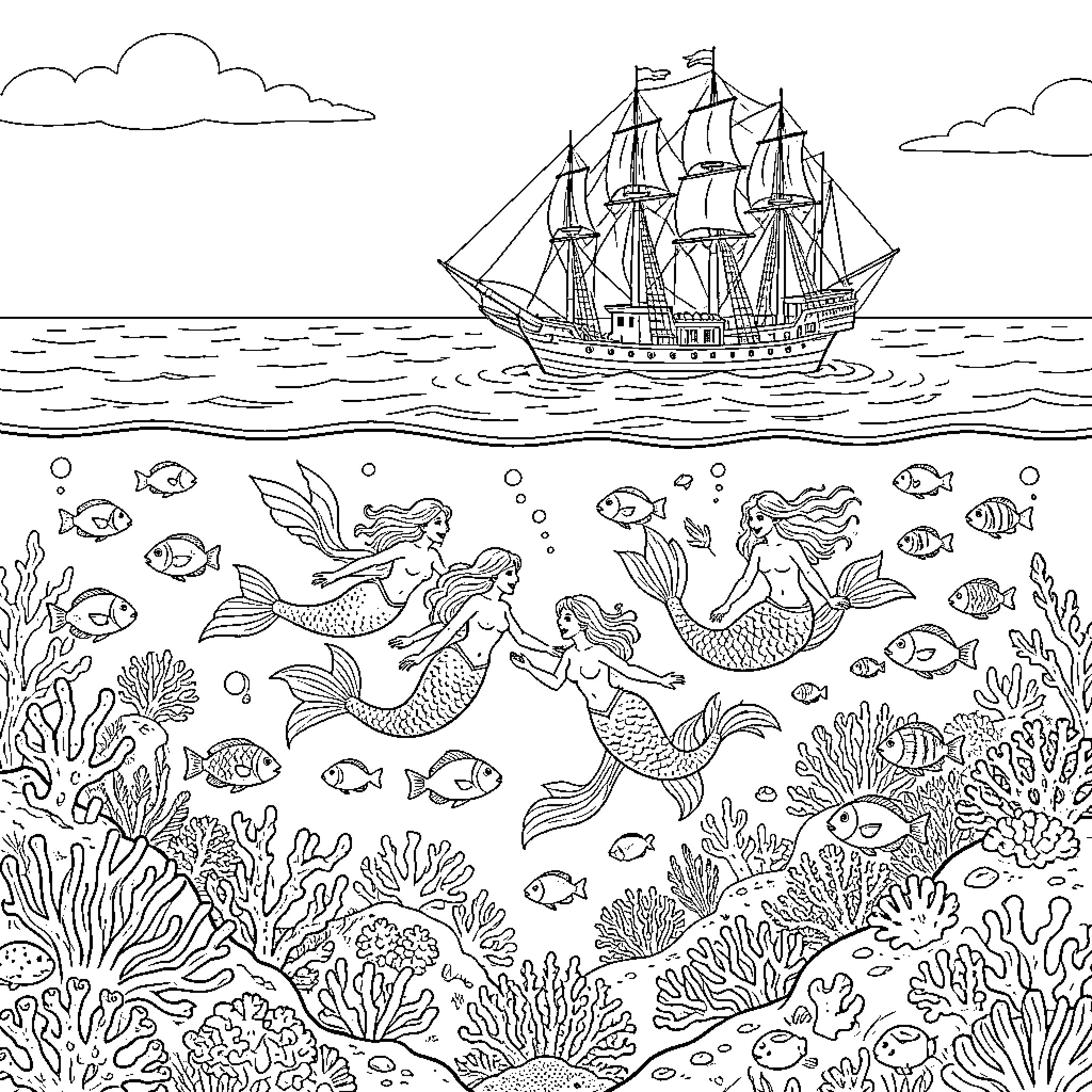 Ocean adventure with ship and mermaids Coloring Page (free black-and-white line drawing printable PDF for all, from beginners to advanced learners, including children, teens, adults, and seniors)