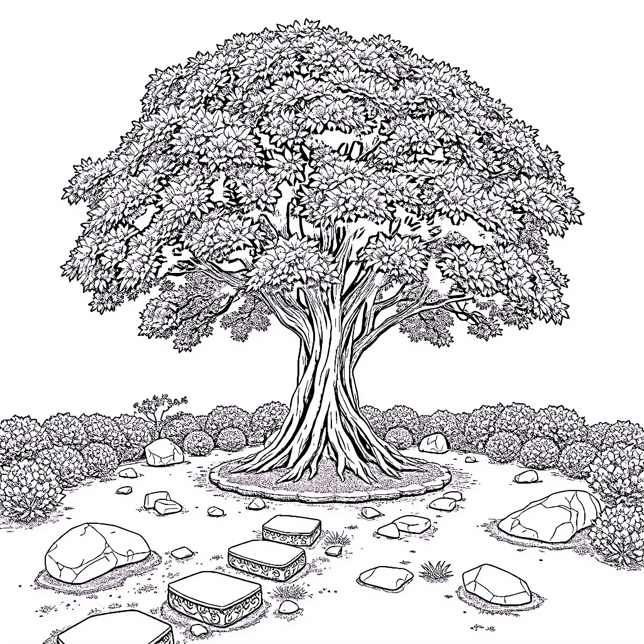 Tree with Intricate Foliage in Serene Landscape Coloring Page (free black-and-white line drawing printable PDF for all, from beginners to advanced learners, including children, teens, adults, and seniors)