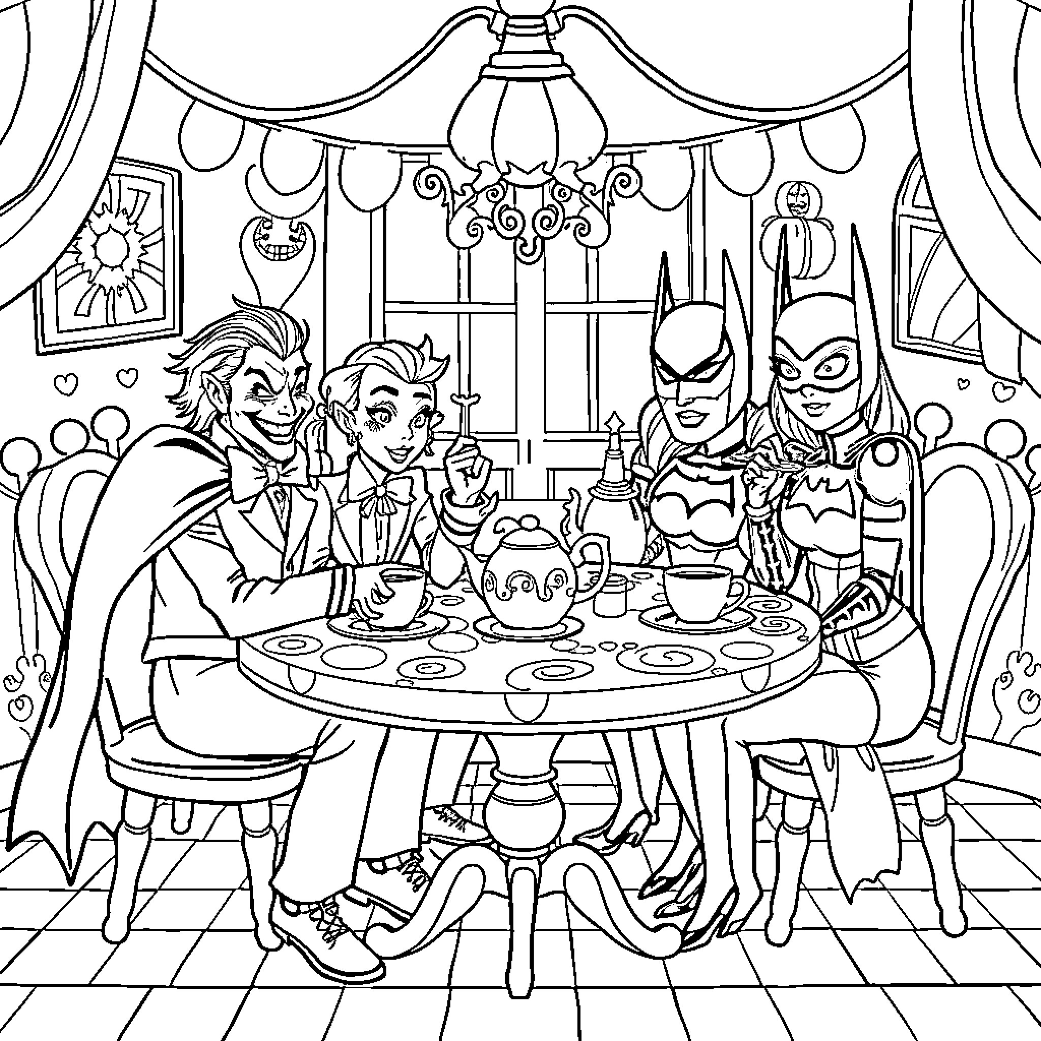 Joker and Friends at the Wacky Tea Party Coloring Page (free black-and-white line drawing printable PDF for all, from beginners to advanced learners, including children, teens, adults, and seniors)