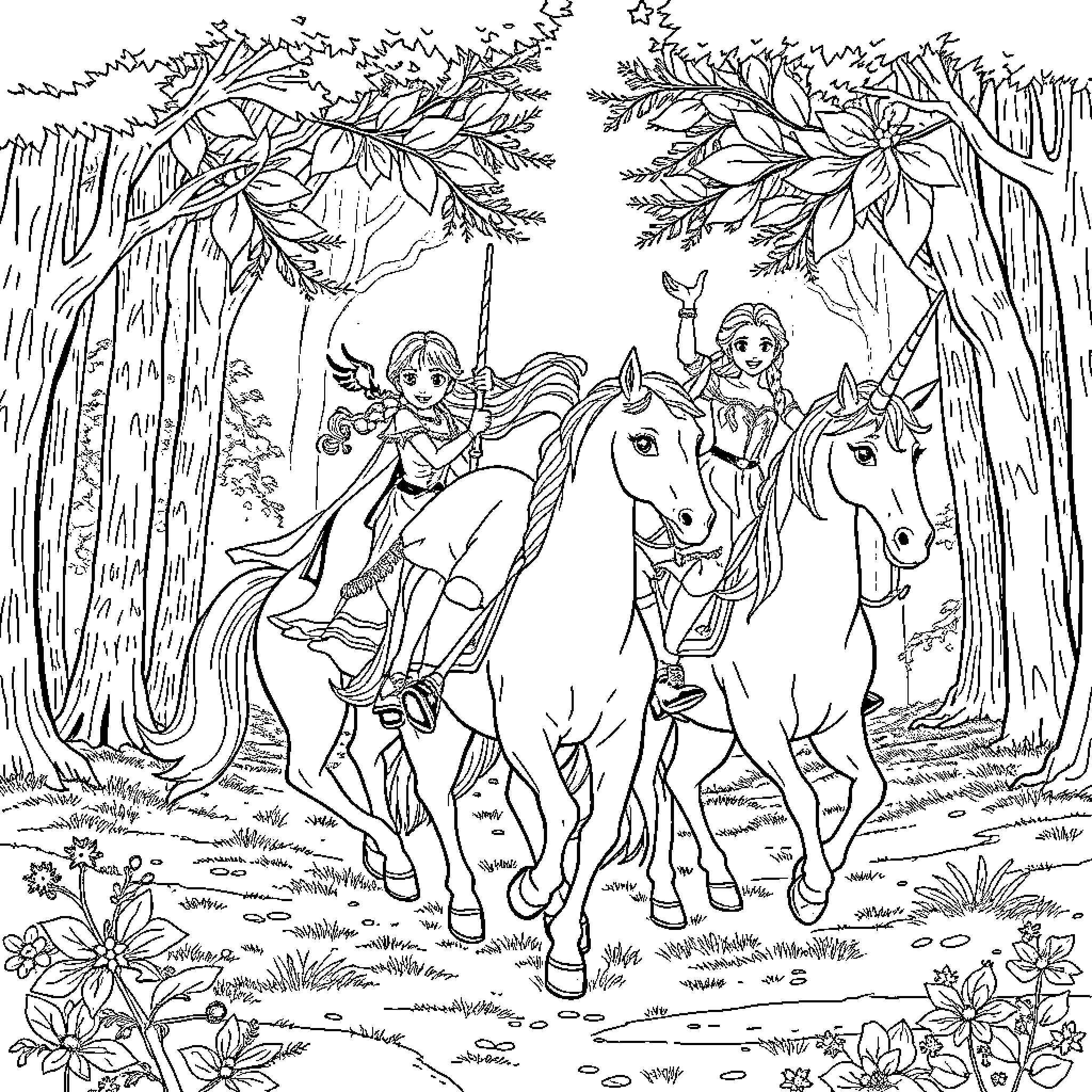 Unicorn Riders Exploring the Enchanted Forest Coloring Page (free black-and-white line drawing printable PDF for all, from beginners to advanced learners, including children, teens, adults, and seniors)