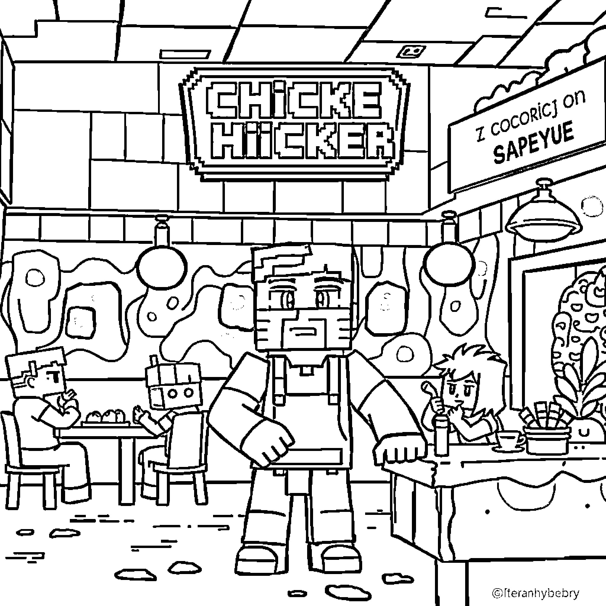 Minecraft Steve works as a chicken hicker at a fast food restaurant Coloring Page (free black-and-white line drawing printable PDF for all, from beginners to advanced learners, including children, teens, adults, and seniors)