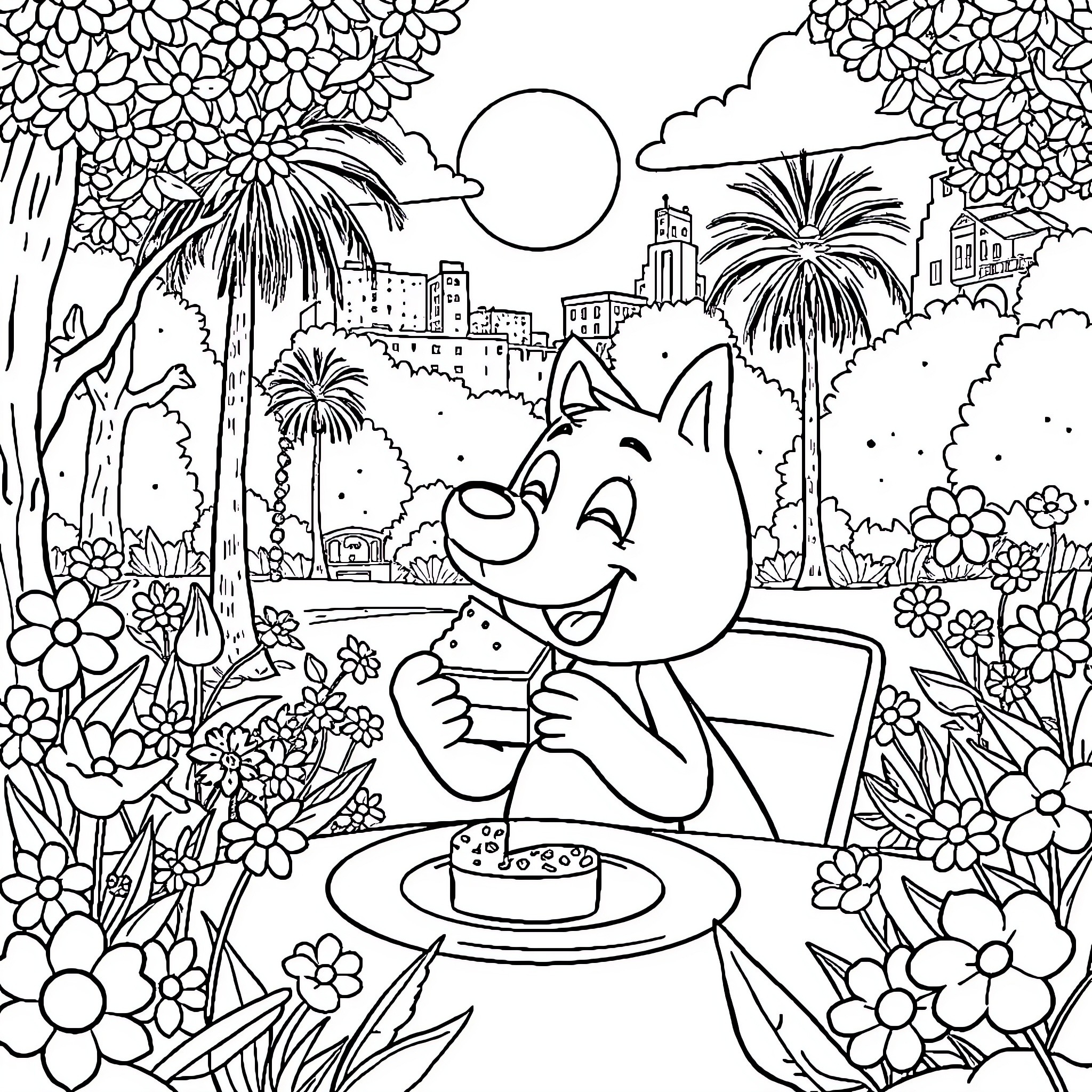 Bluey celebrating with cake in a lush garden Coloring Page (free black-and-white line drawing printable PDF for all, from beginners to advanced learners, including children, teens, adults, and seniors)