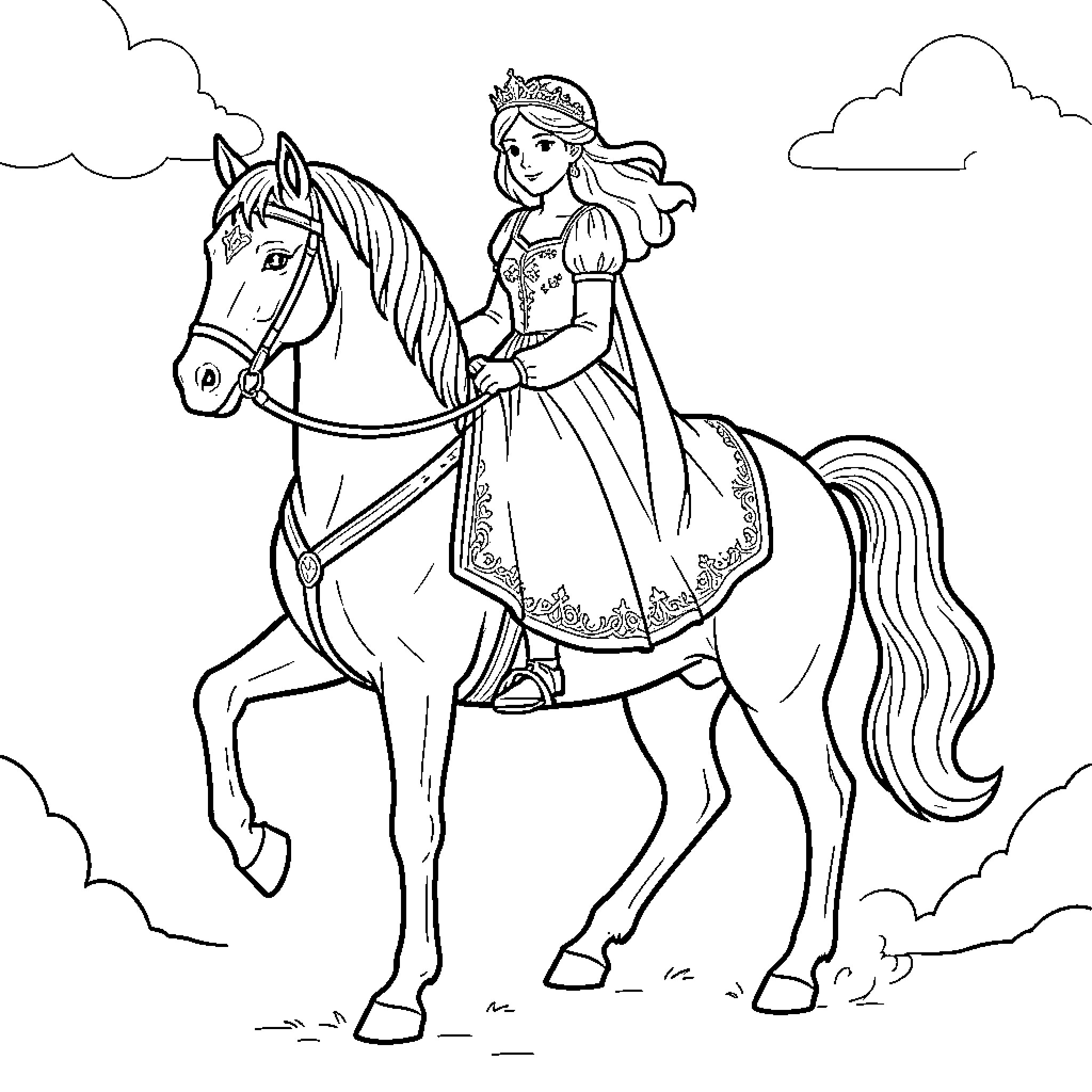 Princess riding a horse through the clouds Coloring Page (free black-and-white line drawing printable PDF for all, from beginners to advanced learners, including children, teens, adults, and seniors)