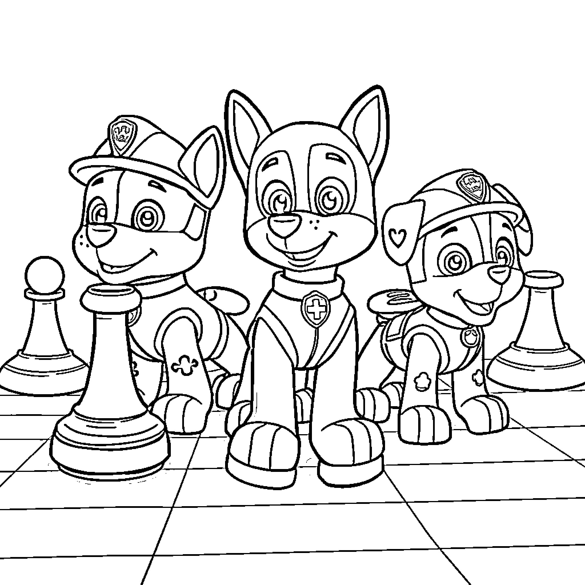 Chess Piece Puppies Playing on Chessboard Coloring Page (free black-and-white line drawing printable PDF for all, from beginners to advanced learners, including children, teens, adults, and seniors)