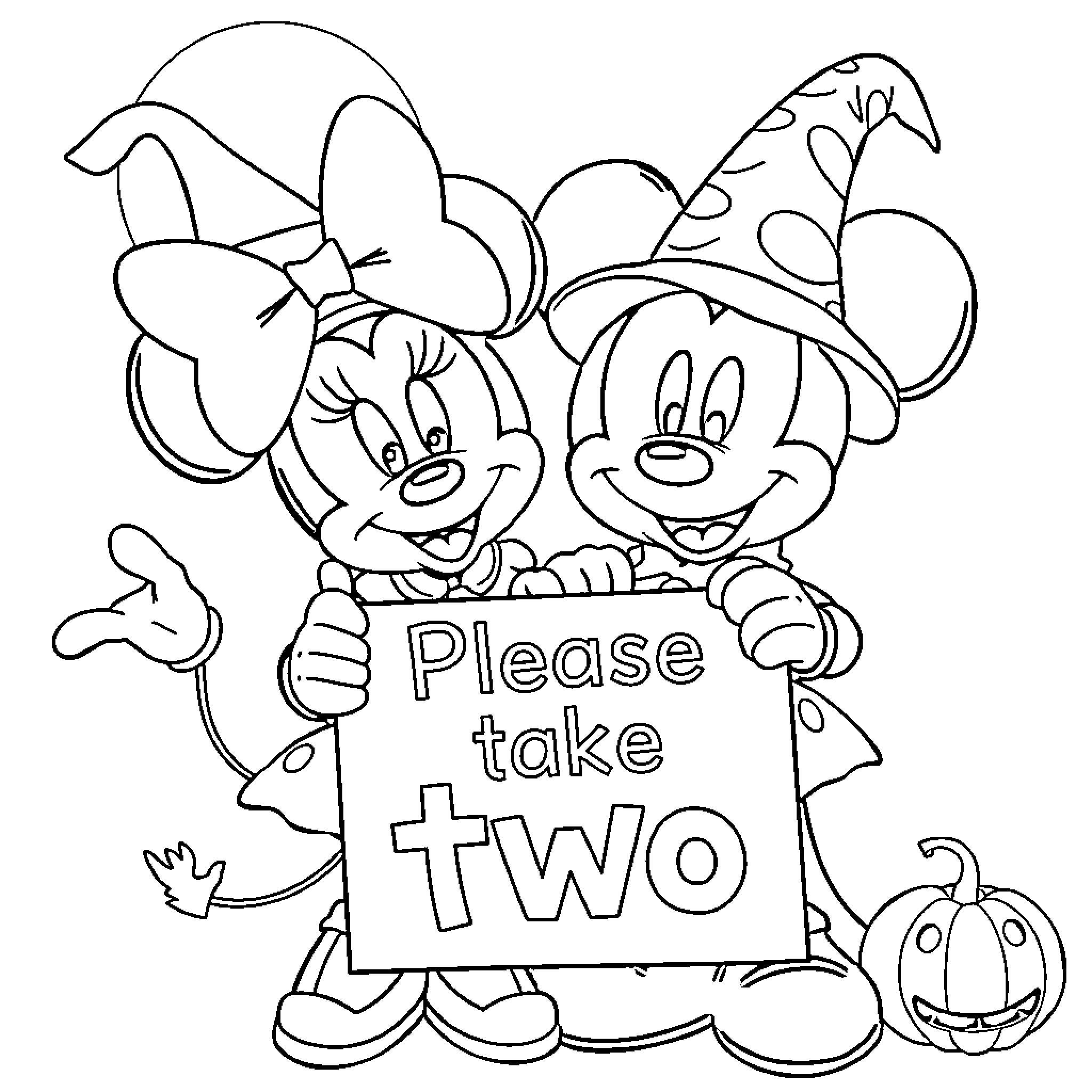 Mickey and Minnie holding 'Please take two' sign Coloring Page (free black-and-white line drawing printable PDF for all, from beginners to advanced learners, including children, teens, adults, and seniors)