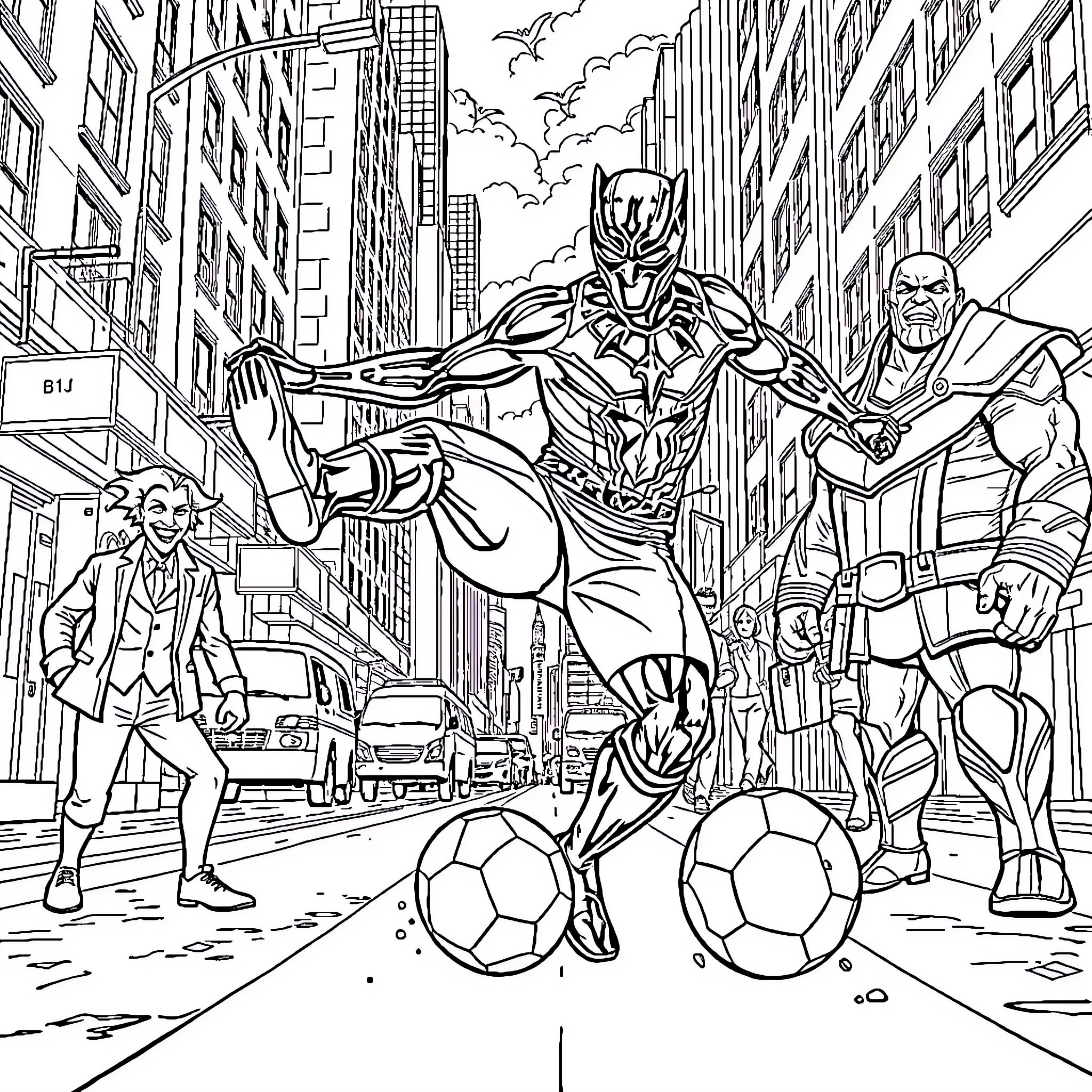 Panther Superhero Battles Villains in Cityscape Coloring Page (free black-and-white line drawing printable PDF for all, from beginners to advanced learners, including children, teens, adults, and seniors)