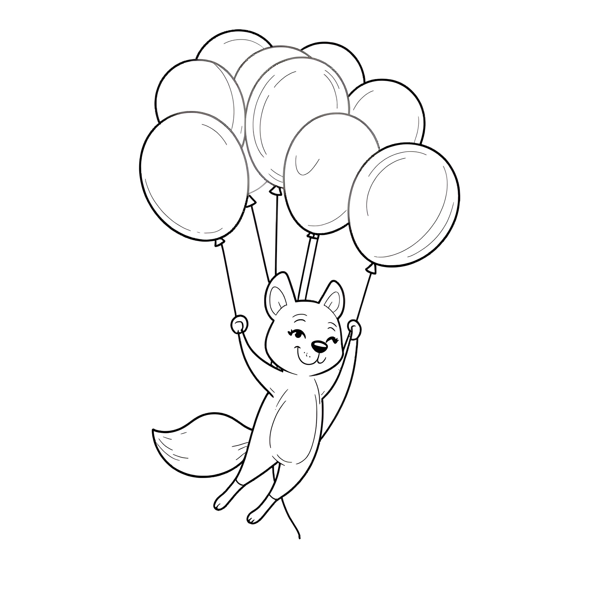 Fox lifting colorful balloons happily Coloring Page (free black-and-white line drawing printable PDF for all, from beginners to advanced learners, including children, teens, adults, and seniors)