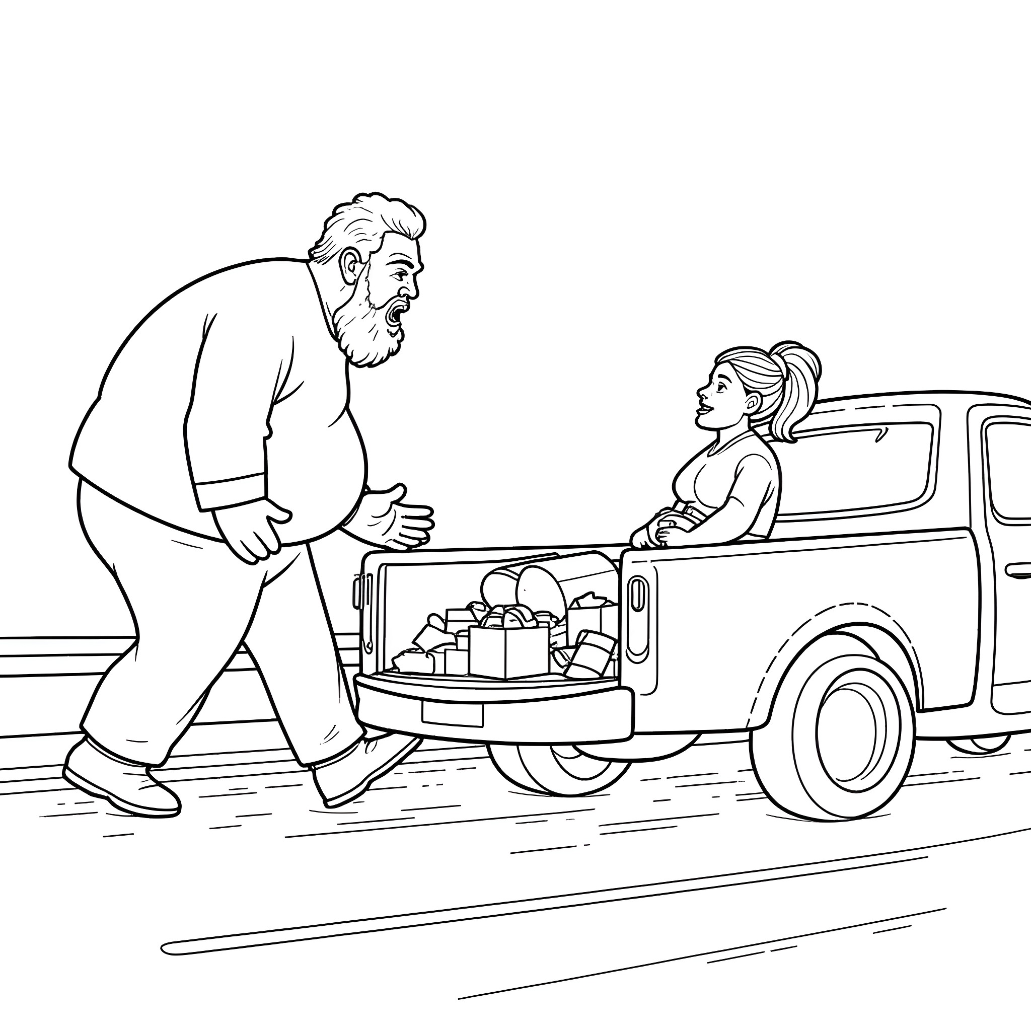 Man loading gifts into truck for woman Coloring Page (free black-and-white line drawing printable PDF for all, from beginners to advanced learners, including children, teens, adults, and seniors)