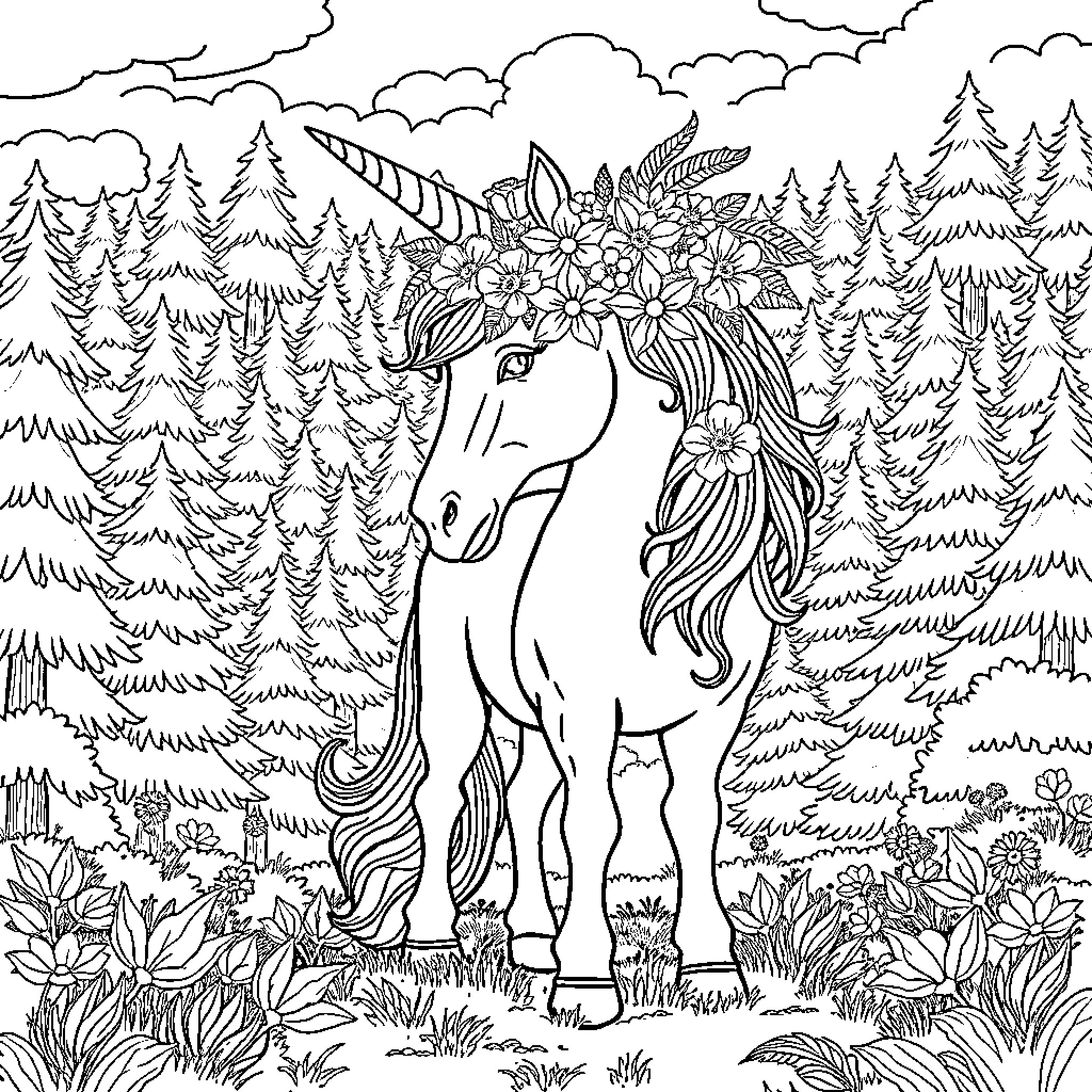 Unicorn standing gracefully in a floral forest Coloring Page (free black-and-white line drawing printable PDF for all, from beginners to advanced learners, including children, teens, adults, and seniors)