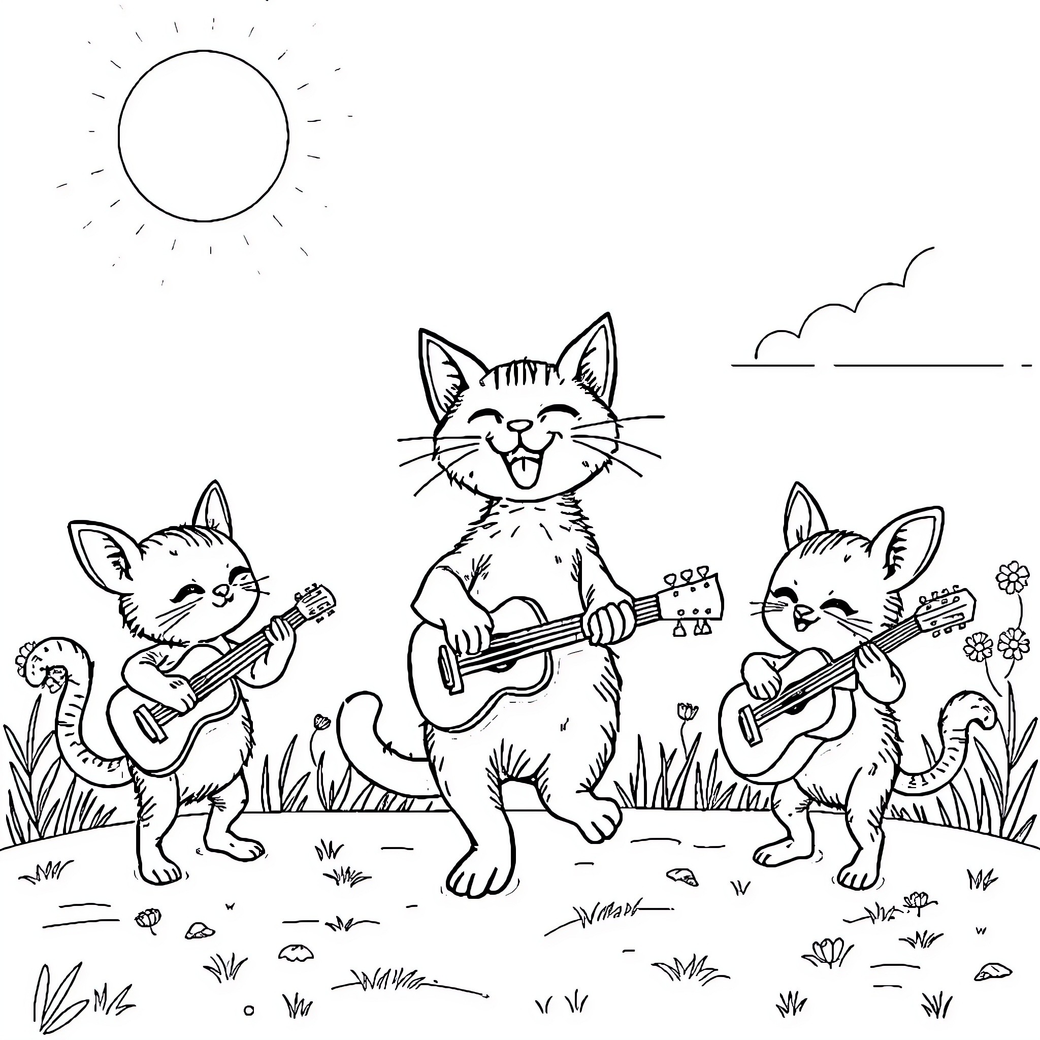 Cat Band Playing Guitars in the Meadow Coloring Page (free black-and-white line drawing printable PDF for all, from beginners to advanced learners, including children, teens, adults, and seniors)