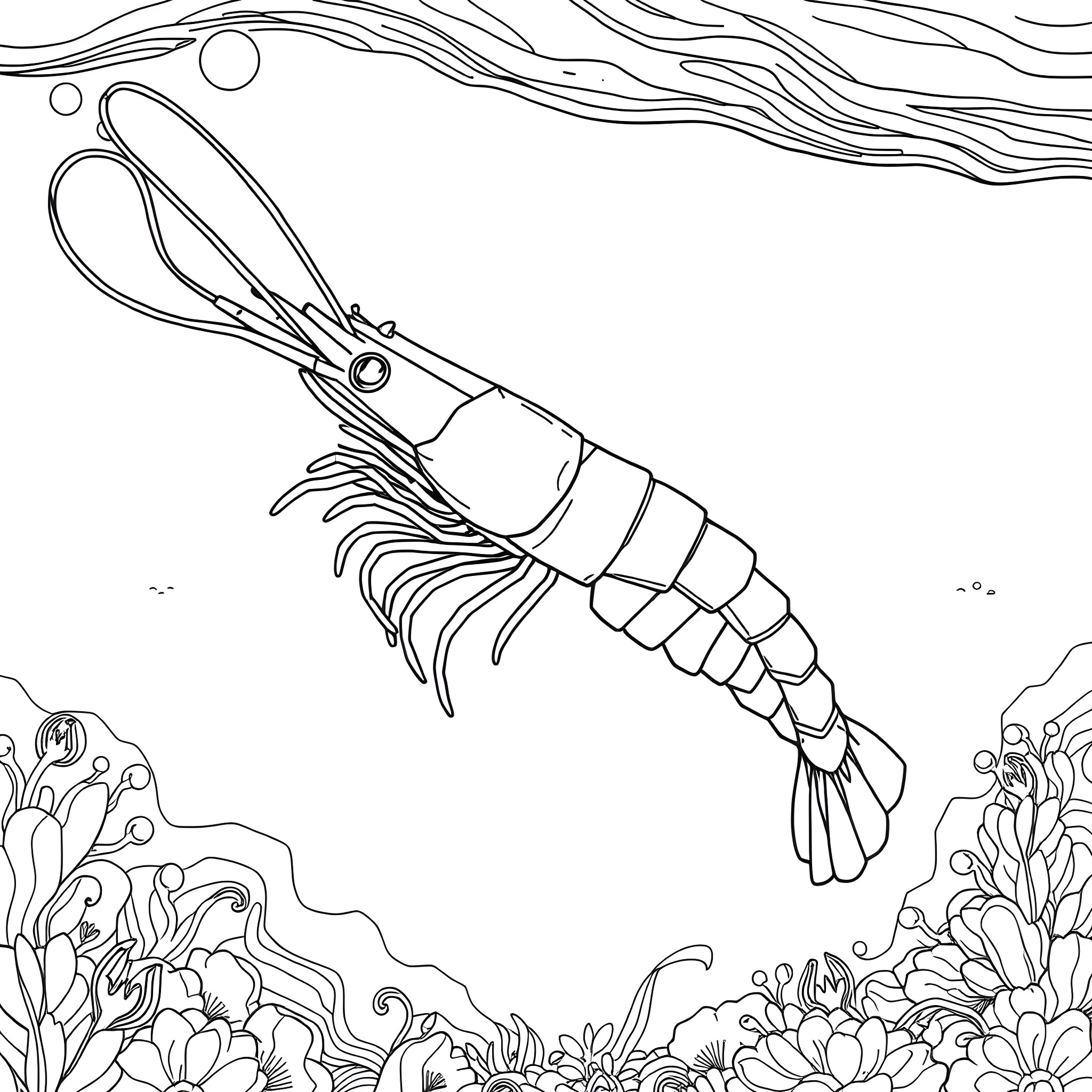 Shrimp swimming amidst marine plants Coloring Page (free black-and-white line drawing printable PDF for all, from beginners to advanced learners, including children, teens, adults, and seniors)