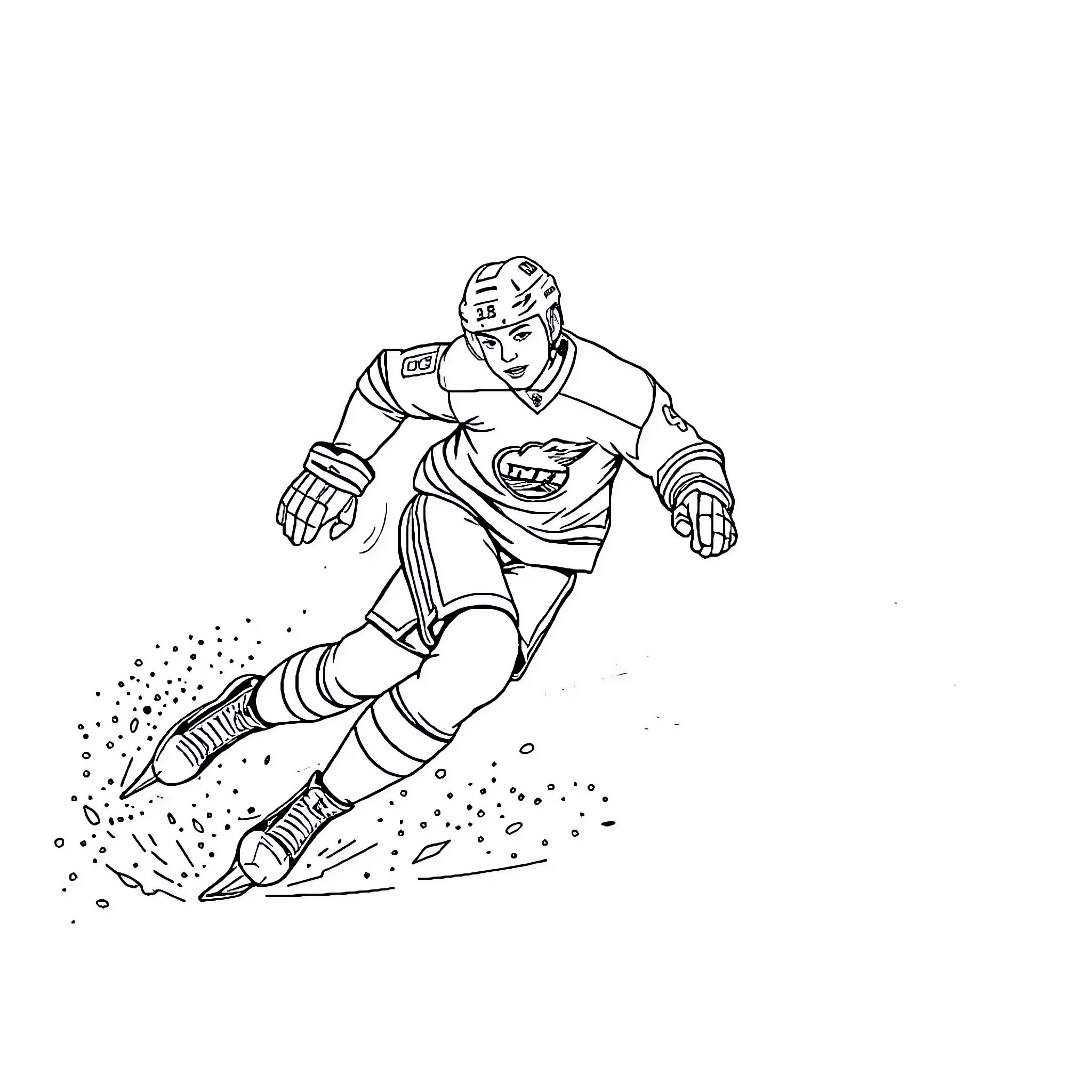Connor Bedard skating powerfully on the ice Coloring Page (free black-and-white line drawing printable PDF for all, from beginners to advanced learners, including children, teens, adults, and seniors)