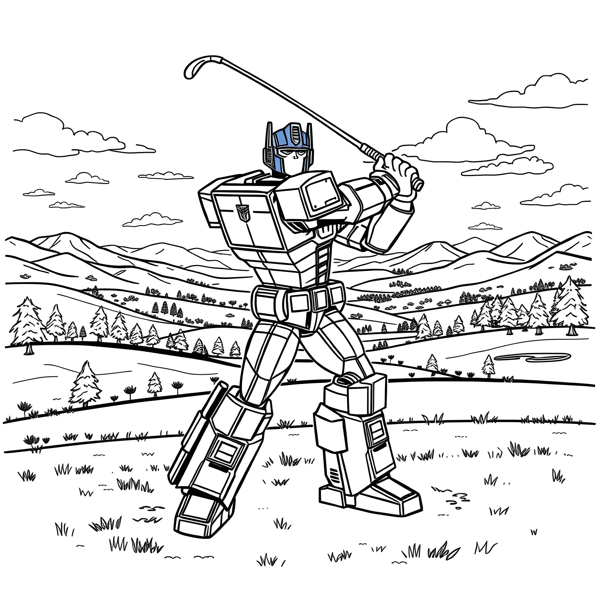 Optimus Prime surveying the scenic landscape Coloring Page (free black-and-white line drawing printable PDF for all, from beginners to advanced learners, including children, teens, adults, and seniors)