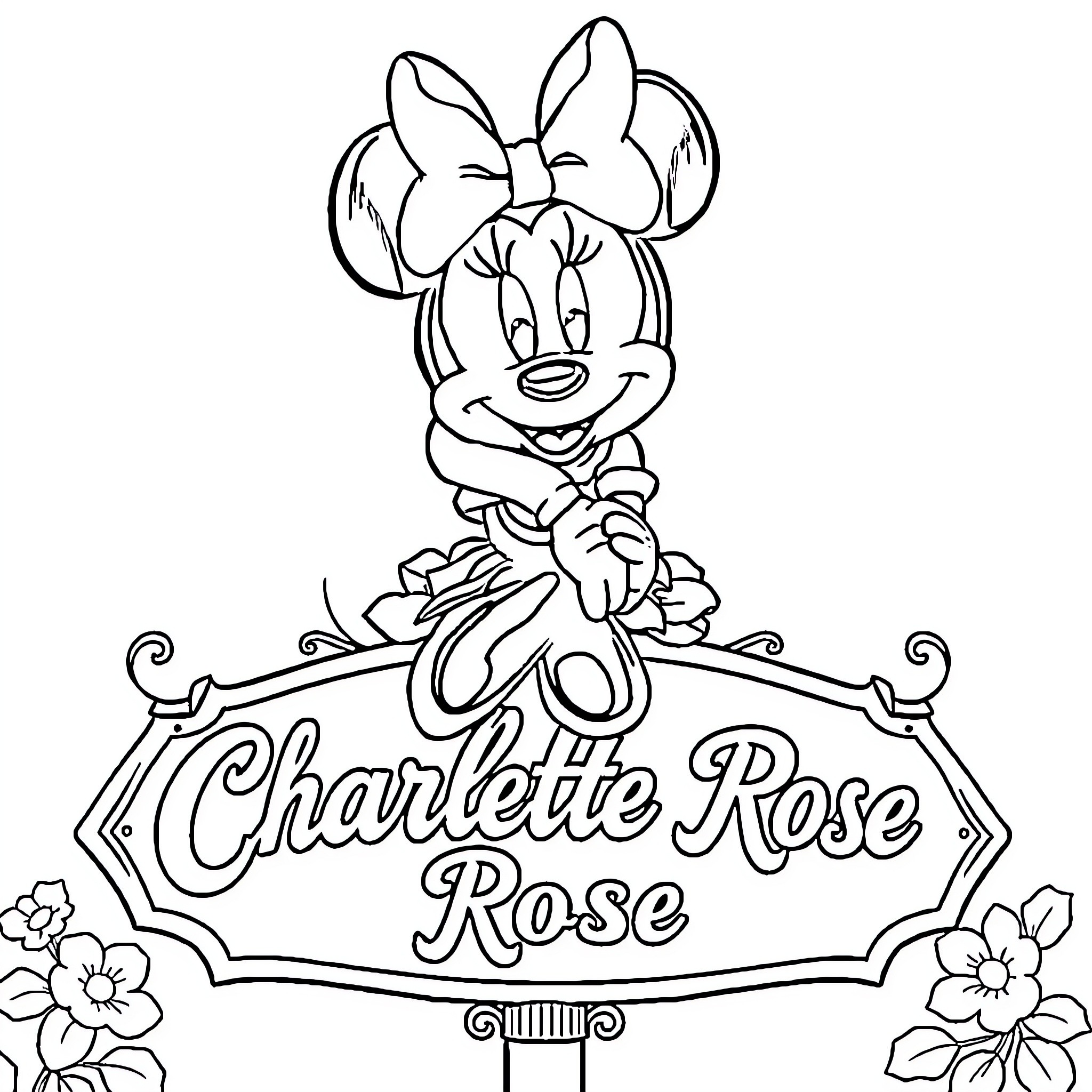 Minnie Mouse presenting a sign with her name Coloring Page (free black-and-white line drawing printable PDF for all, from beginners to advanced learners, including children, teens, adults, and seniors)