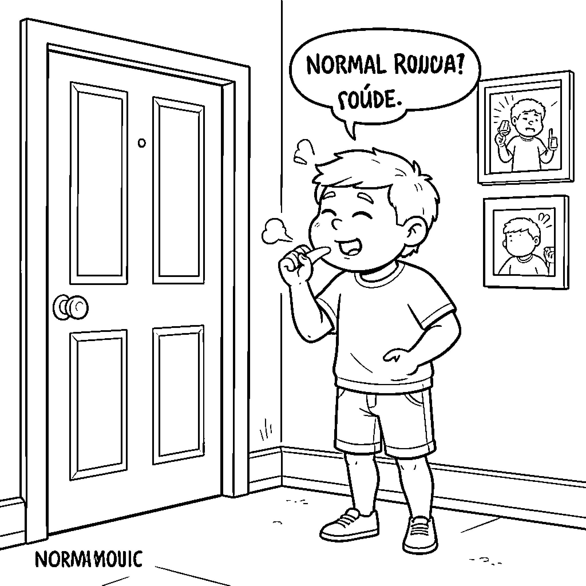 Farting boy laughing while standing near a door Coloring Page (free black-and-white line drawing printable PDF for all, from beginners to advanced learners, including children, teens, adults, and seniors)