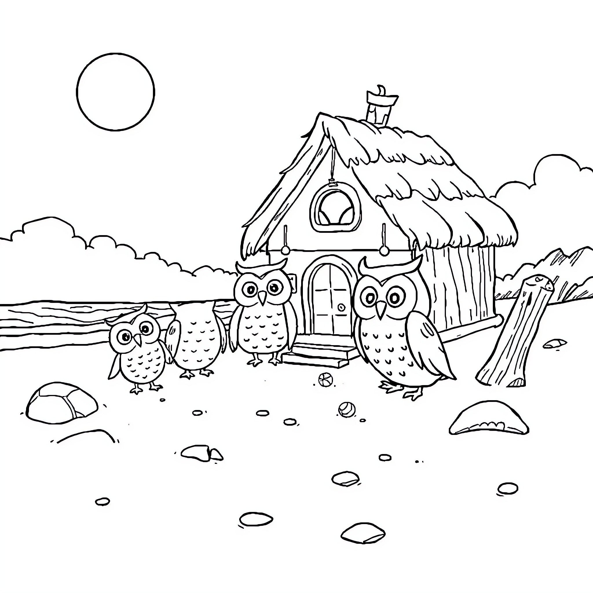 Owl House with Owls Outside on a Landscape Coloring Page (free black-and-white line drawing printable PDF for all, from beginners to advanced learners, including children, teens, adults, and seniors)