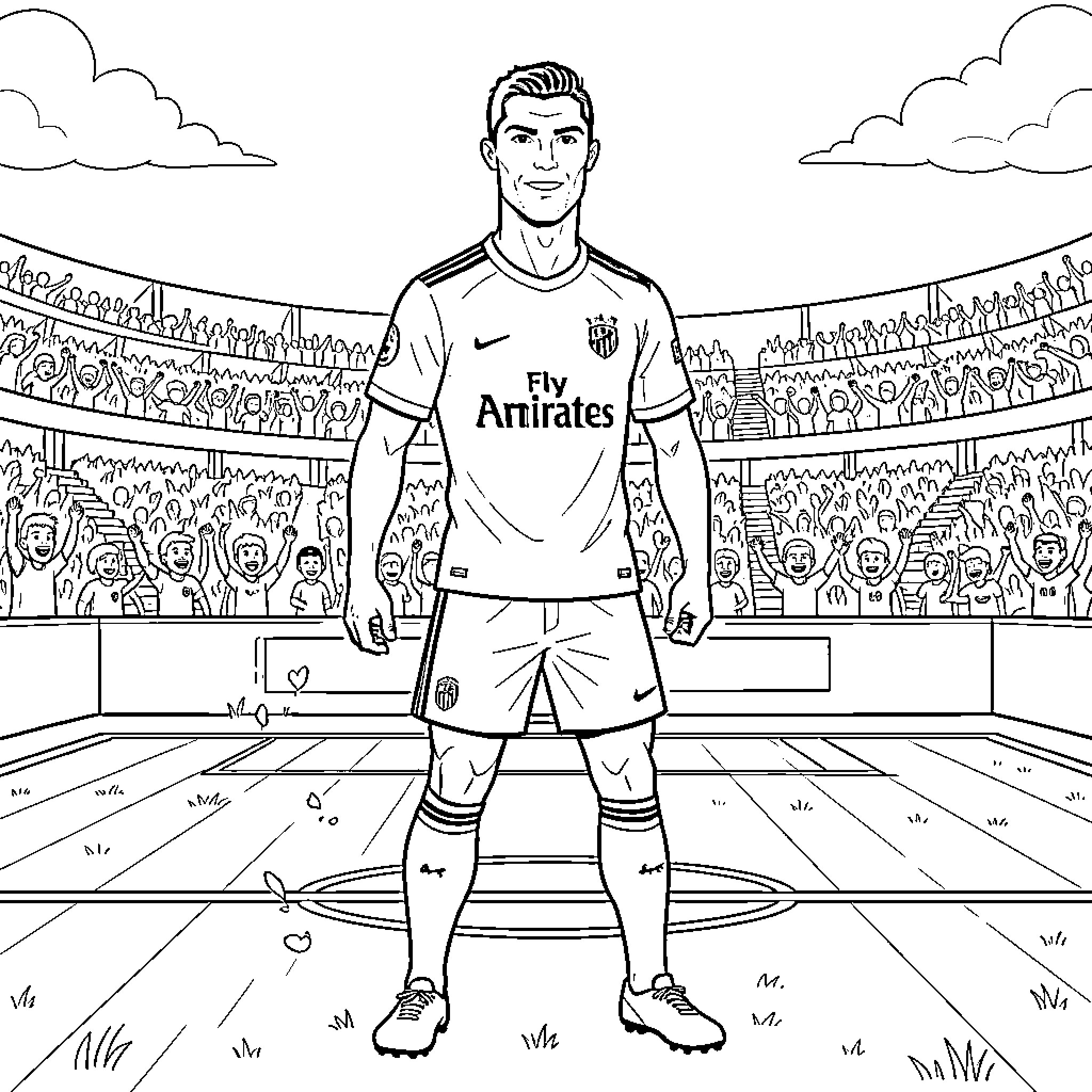Cristiano Ronaldo standing confidently on a football pitch Coloring Page (free black-and-white line drawing printable PDF for all, from beginners to advanced learners, including children, teens, adults, and seniors)