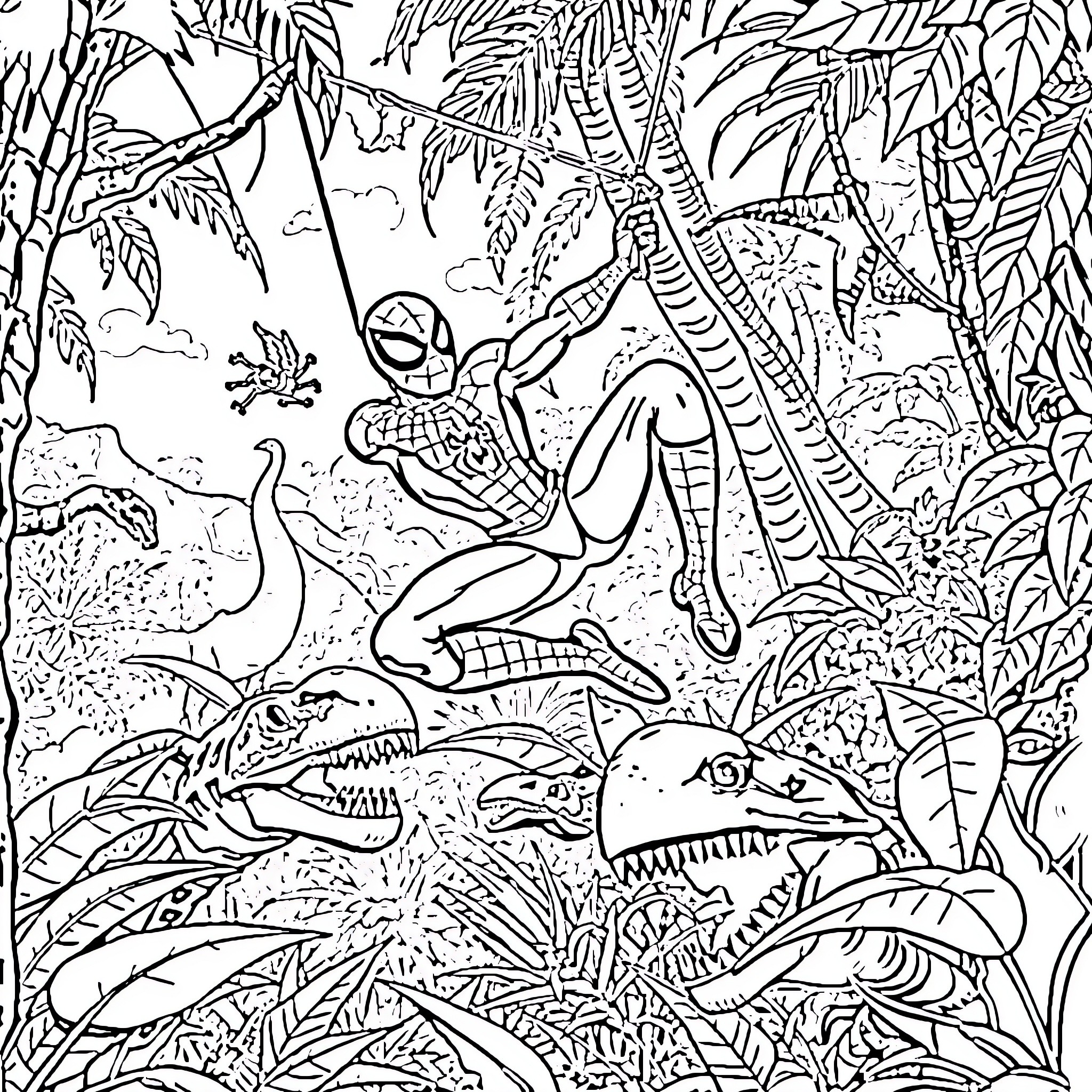Spiderman swinging through the jungle adventure Coloring Page (free black-and-white line drawing printable PDF for all, from beginners to advanced learners, including children, teens, adults, and seniors)