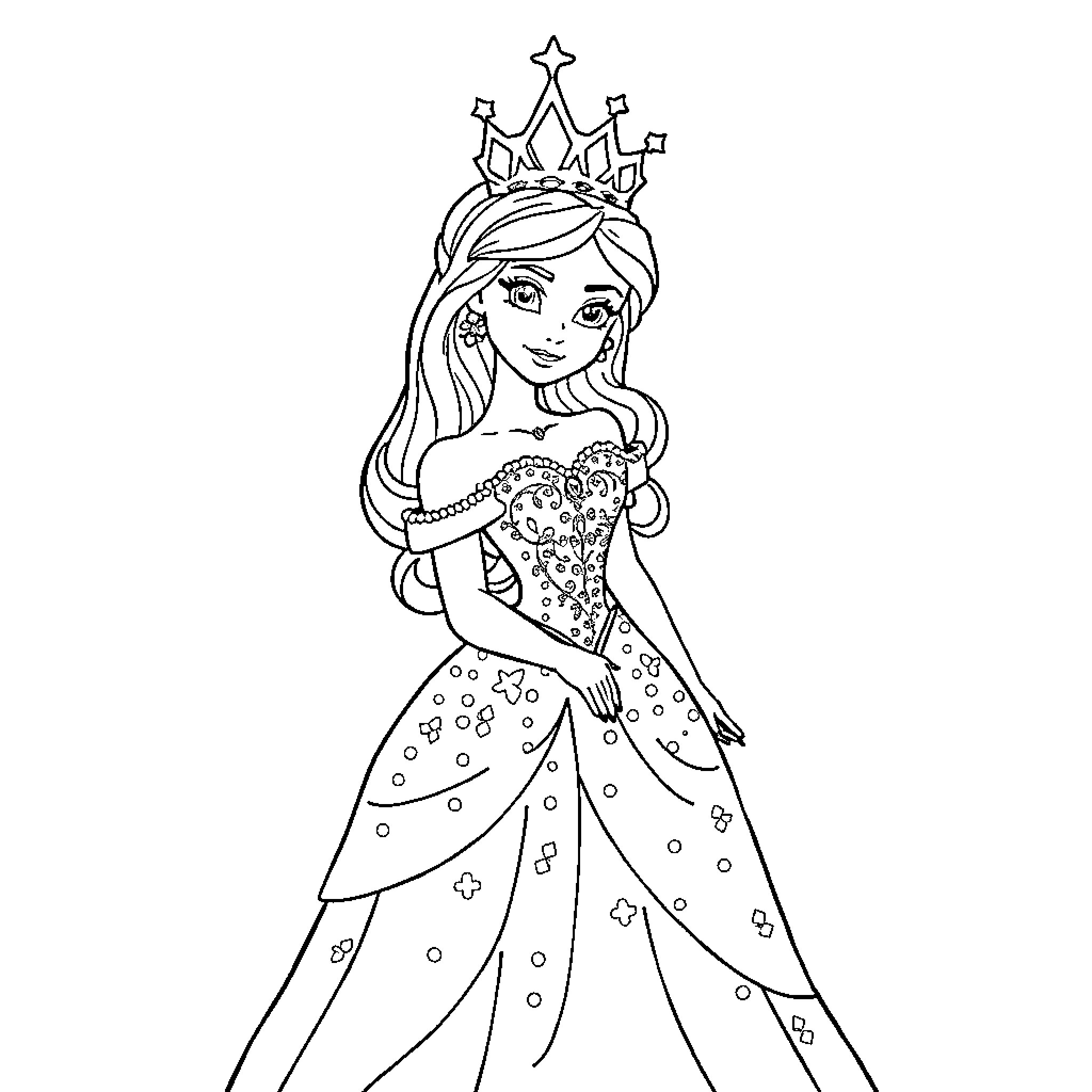 Princess in a Sparkling Gown and Crown Coloring Page (free black-and-white line drawing printable PDF for all, from beginners to advanced learners, including children, teens, adults, and seniors)
