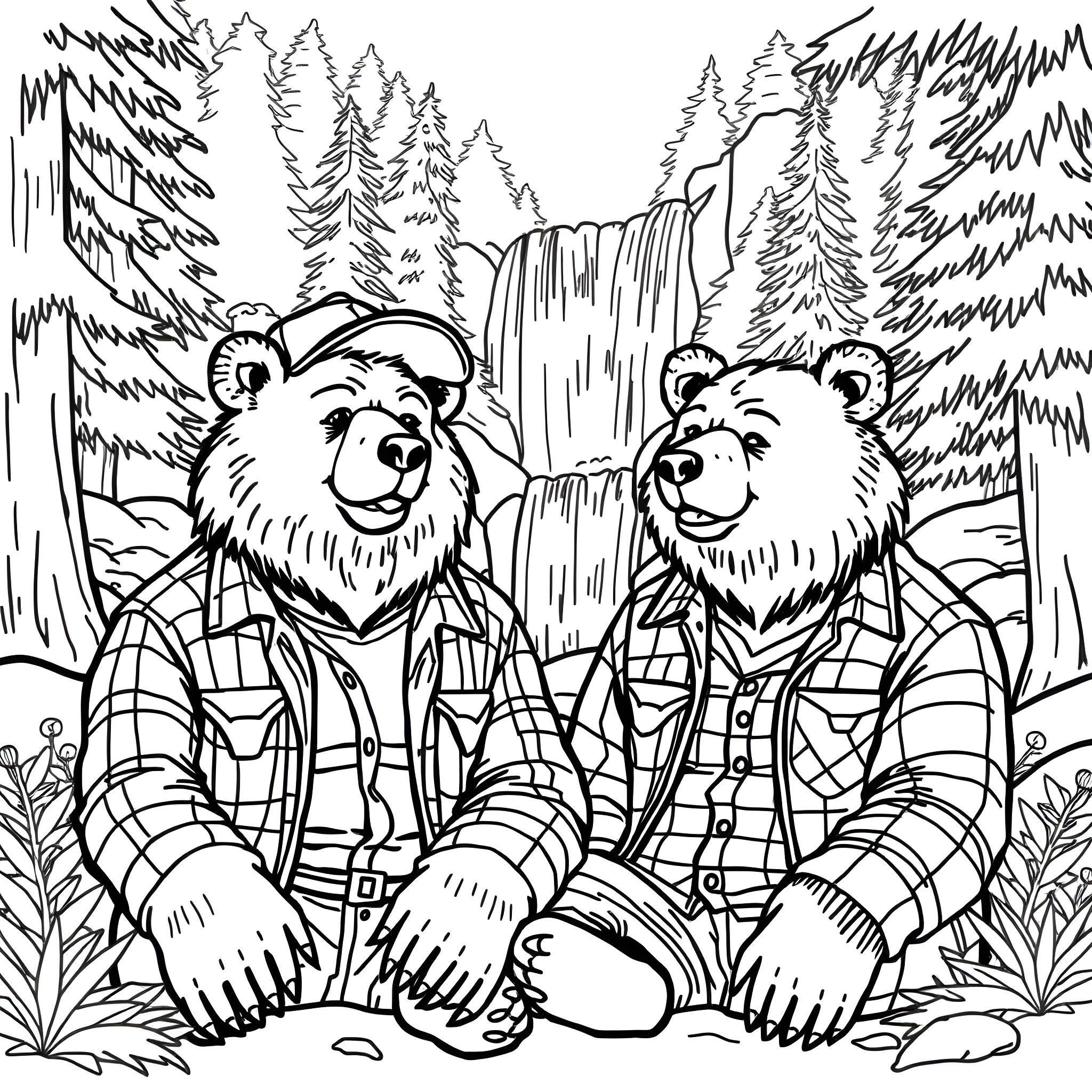 Bear friends enjoying the outdoors in the forest Coloring Page (free black-and-white line drawing printable PDF for all, from beginners to advanced learners, including children, teens, adults, and seniors)