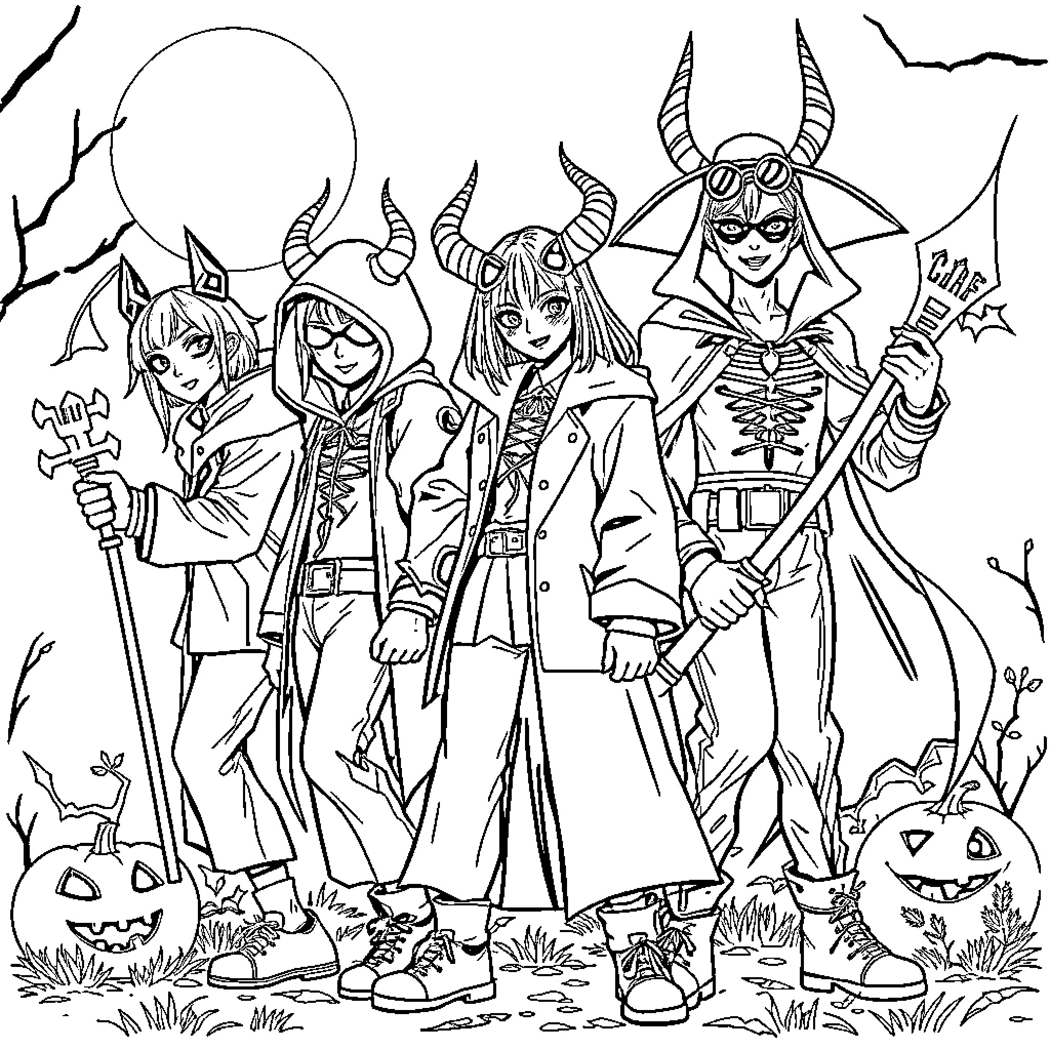 Demon Hunter Band Amid Eerie Landscape Coloring Page (free black-and-white line drawing printable PDF for all, from beginners to advanced learners, including children, teens, adults, and seniors)