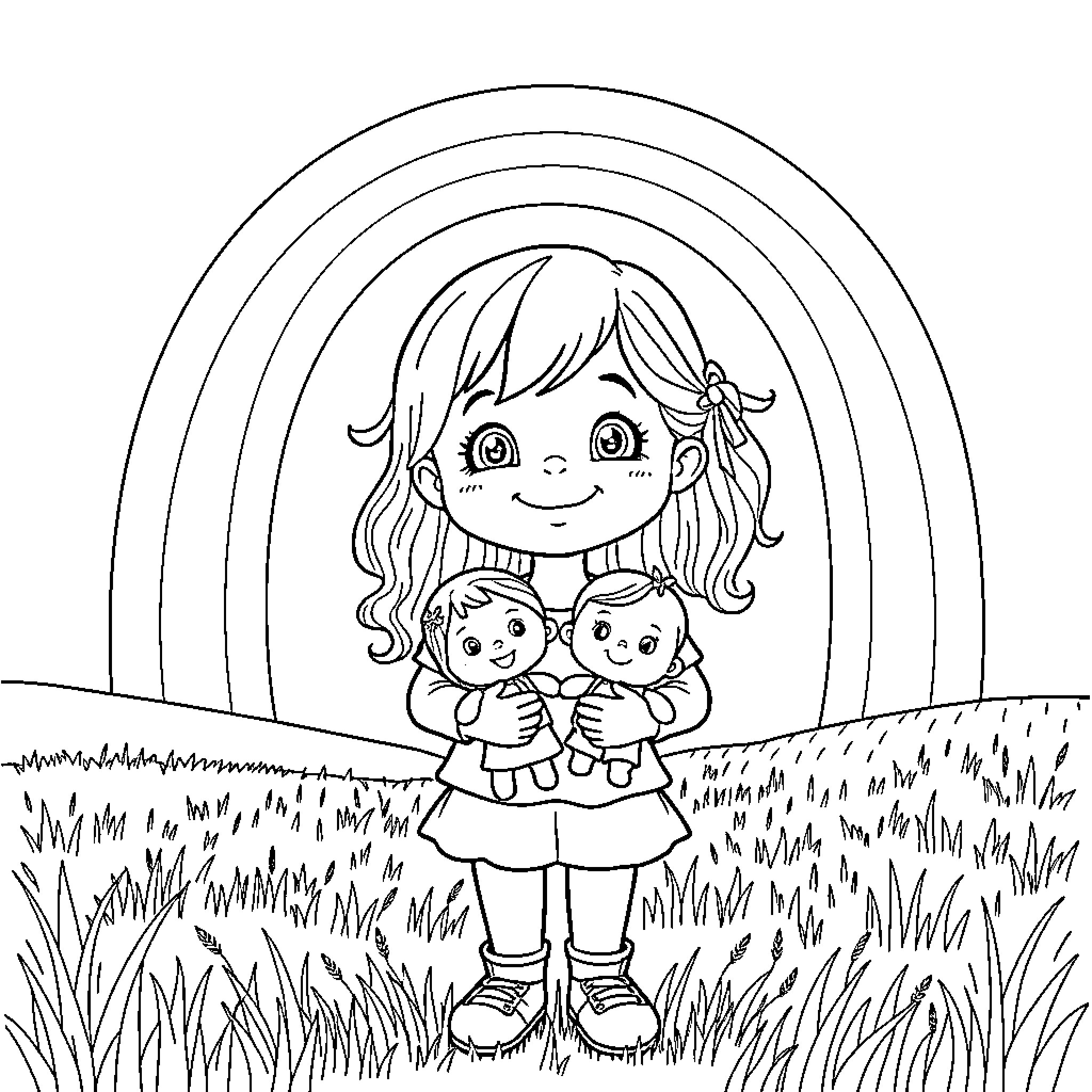 Girl holding two dolls in a grassy field under a rainbow Coloring Page (free black-and-white line drawing printable PDF for all, from beginners to advanced learners, including children, teens, adults, and seniors)
