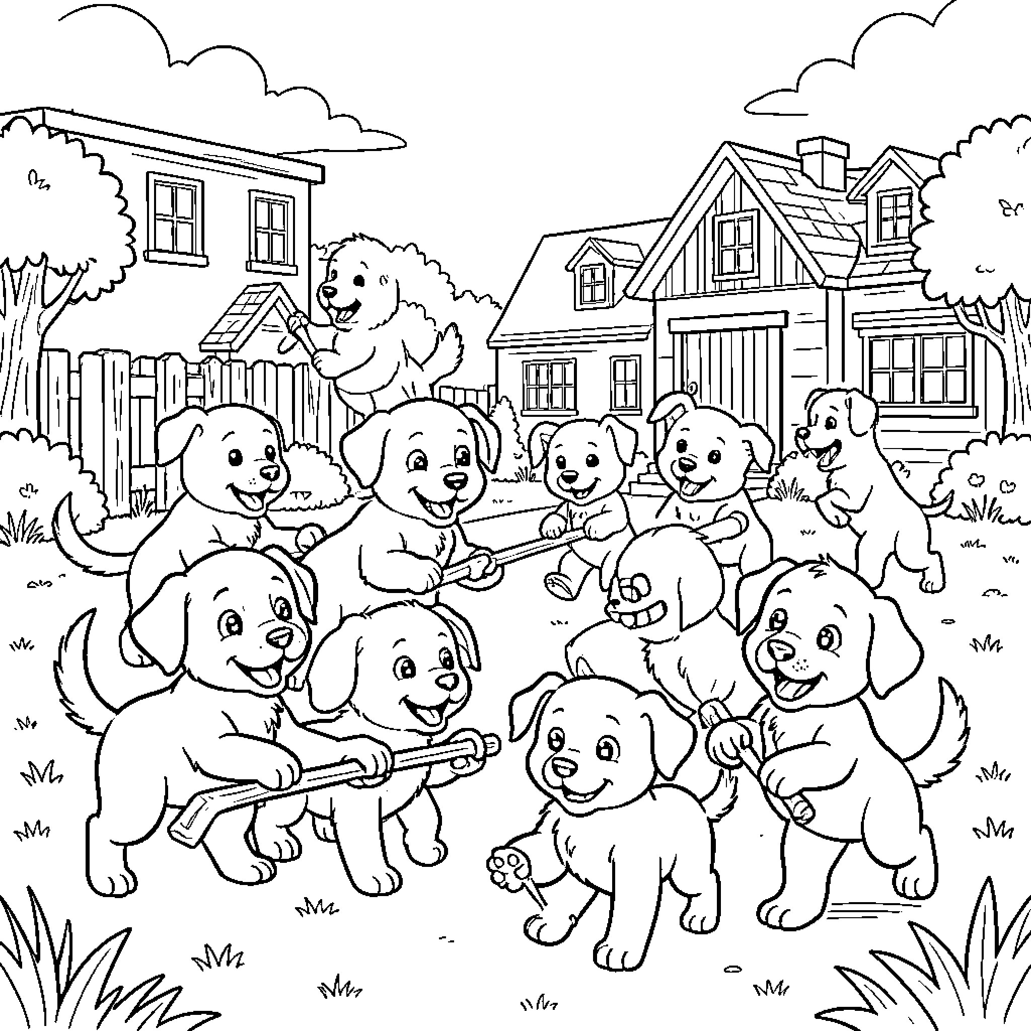 Paw Patrol pups playing joyfully together in a yard Coloring Page (free black-and-white line drawing printable PDF for all, from beginners to advanced learners, including children, teens, adults, and seniors)