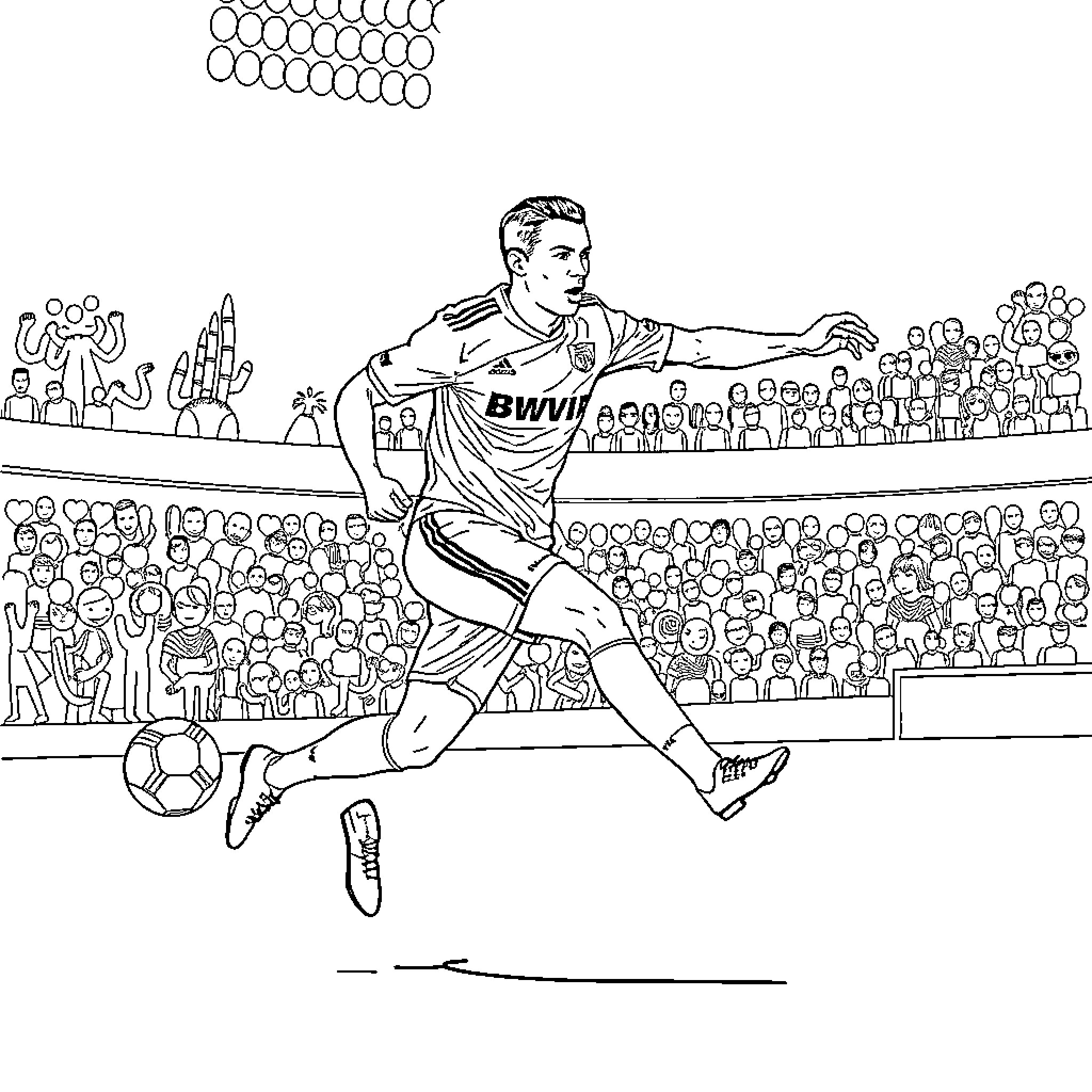 Cristiano Ronaldo playing soccer in front of a crowd Coloring Page (free black-and-white line drawing printable PDF for all, from beginners to advanced learners, including children, teens, adults, and seniors)